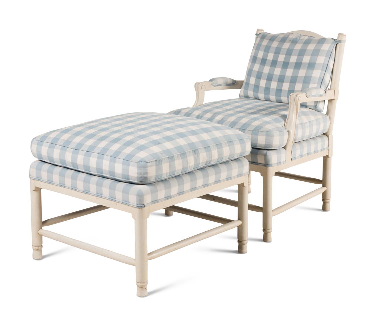 A Set of Four White Painted Patio Chairs and Ottomans