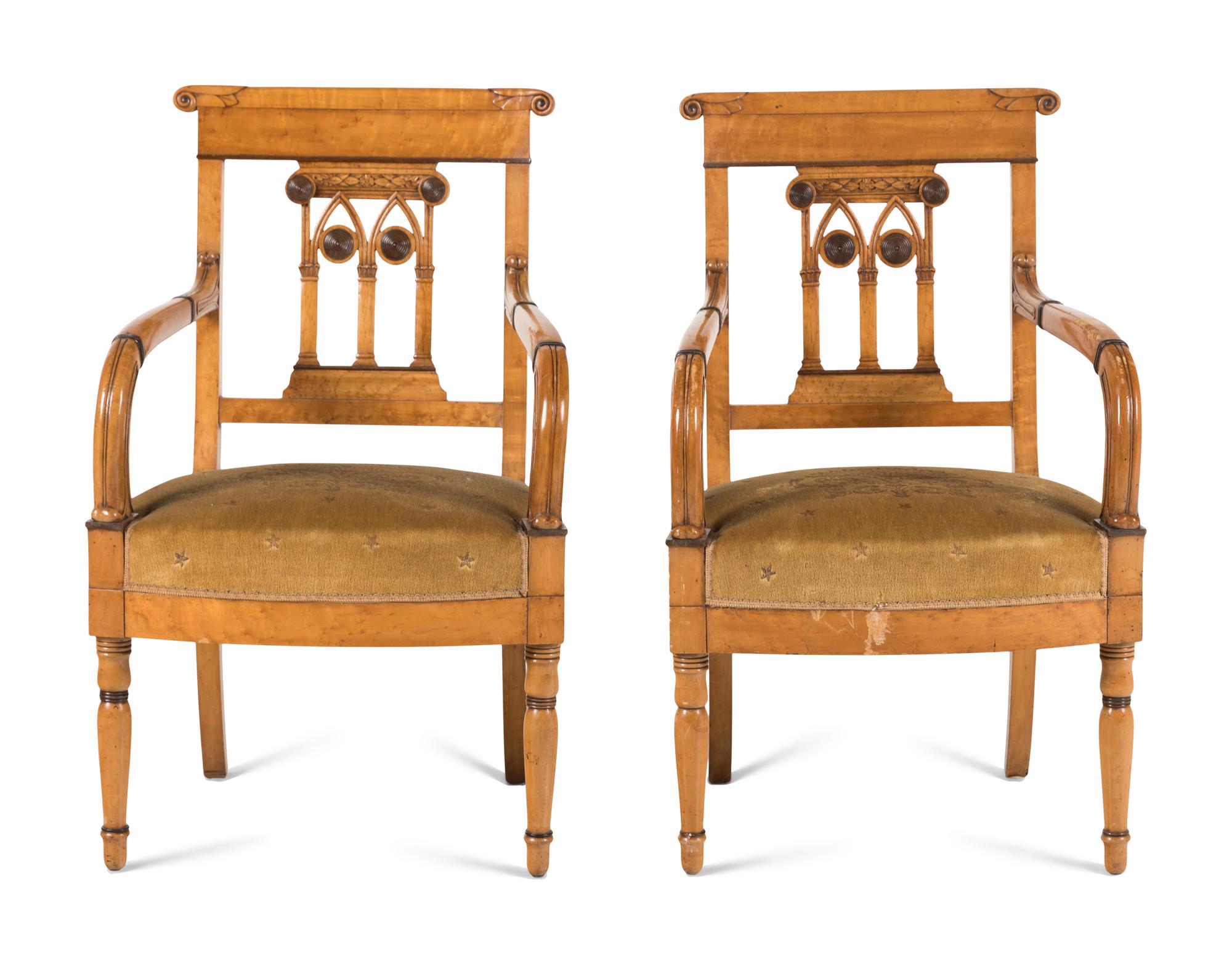 A Pair of North European Part Ebonized Birdseye Maple Armchairs