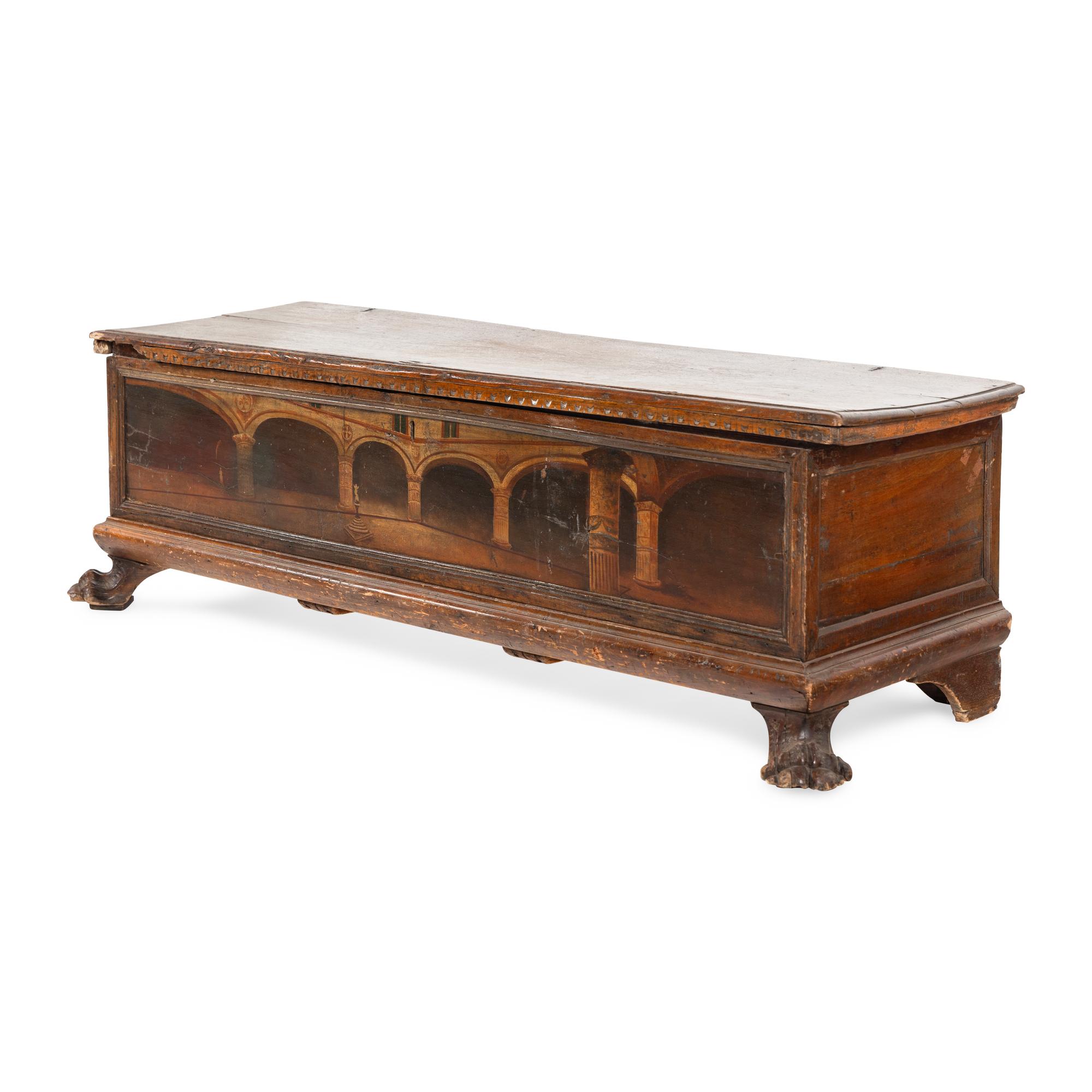 An Italian Baroque Painted Walnut and Cedar Cassone