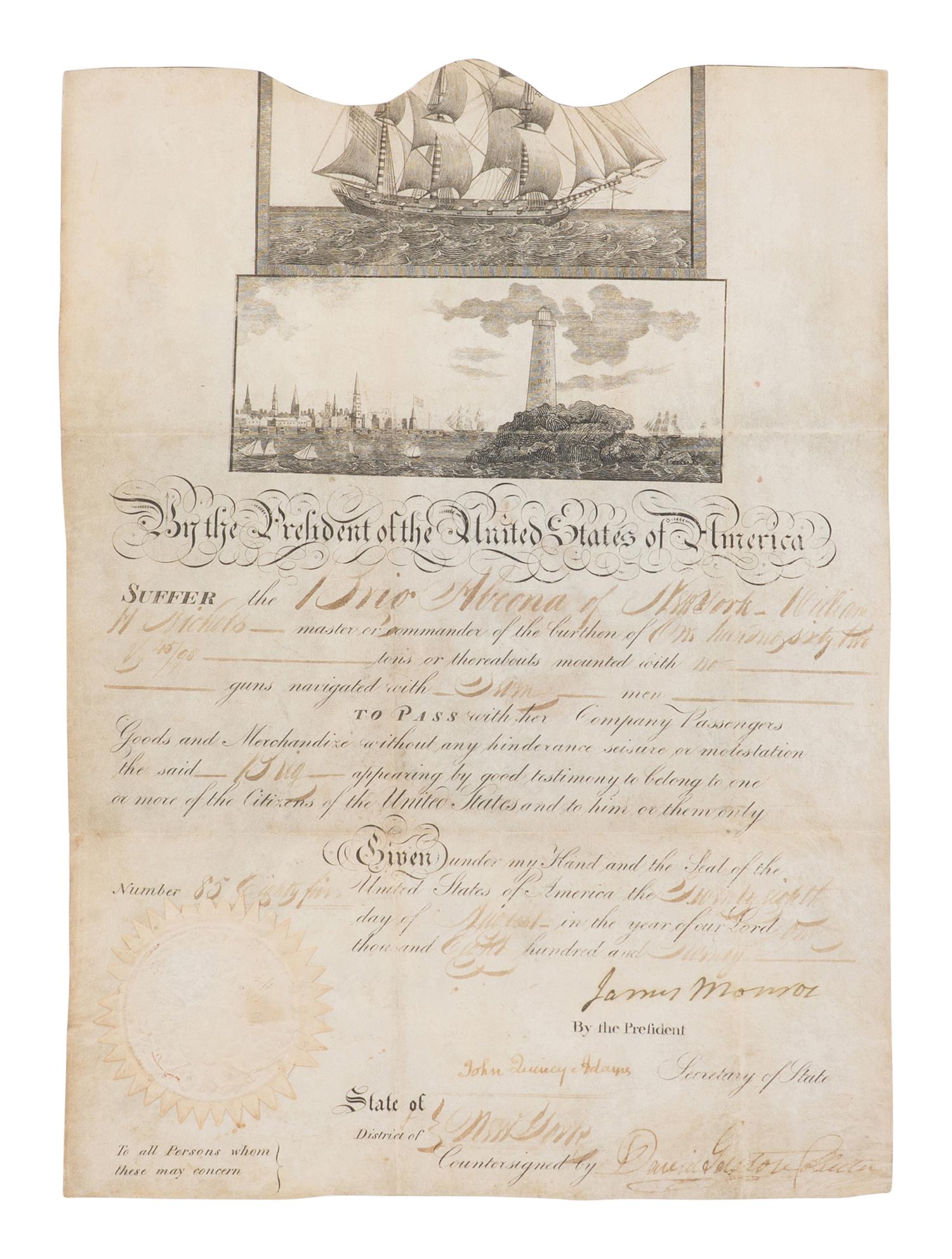 MONROE, James (1758-1831). Partly engraved document signed as President ("James Monroe"), COUNTERSIGNED BY SECRETARY OF STATE JOHN QUINCY ADAMS ( "John Quincy Adams"), and by the collector of the port, 28 August 1820.