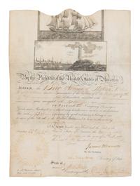 MONROE, James (1758-1831). Partly engraved document signed as President ("James Monroe"), COUNTERSIGNED BY SECRETARY OF STATE JOHN QUINCY ADAMS ( "John Quincy Adams"), and by the collector of the port, 28 August 1820.