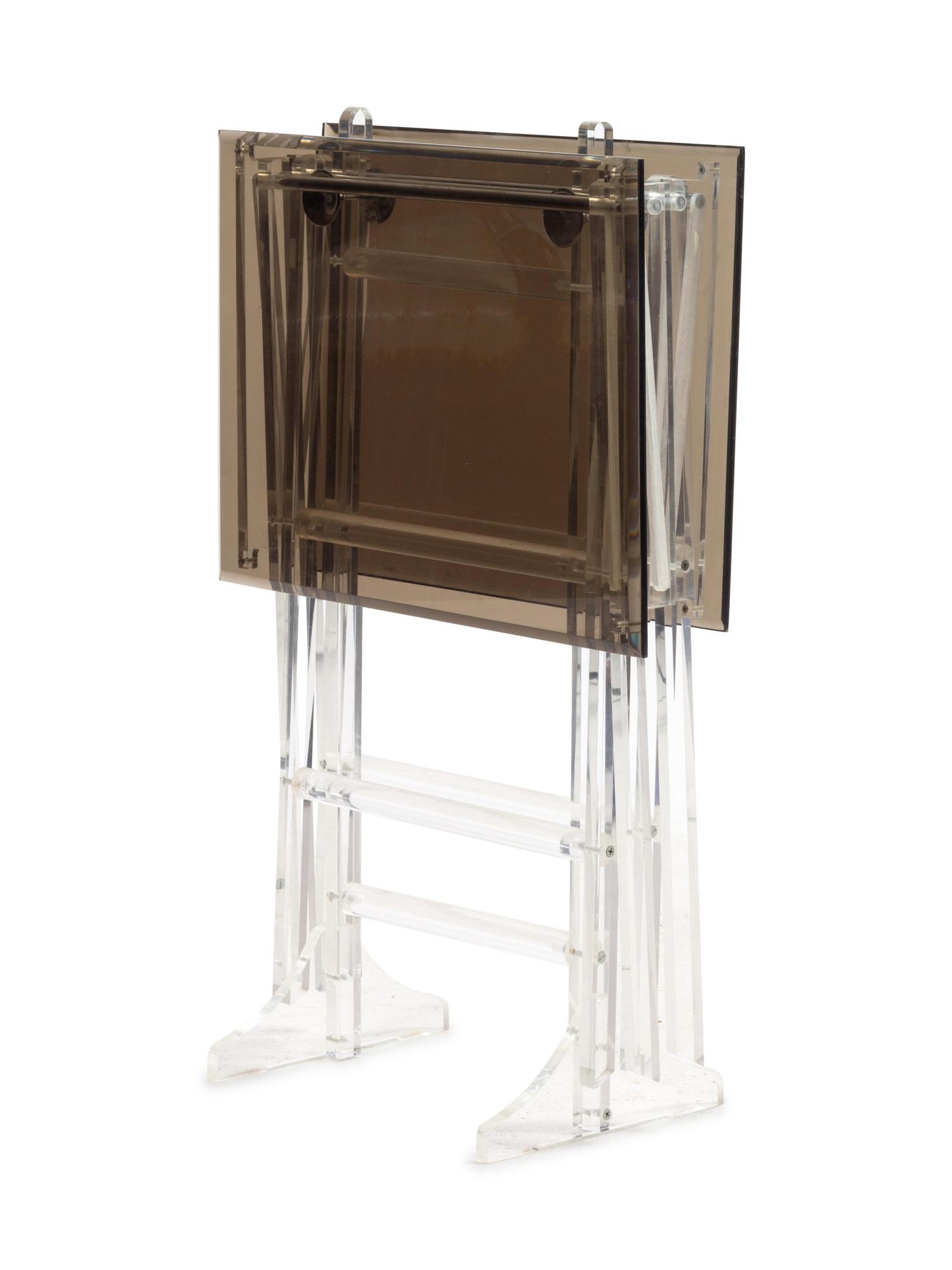 Two Lucite Folding Tables and Standing Tie-Rack