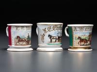 Three Porcelain Occupational Shaving Mugs with Horse-Drawn Carts