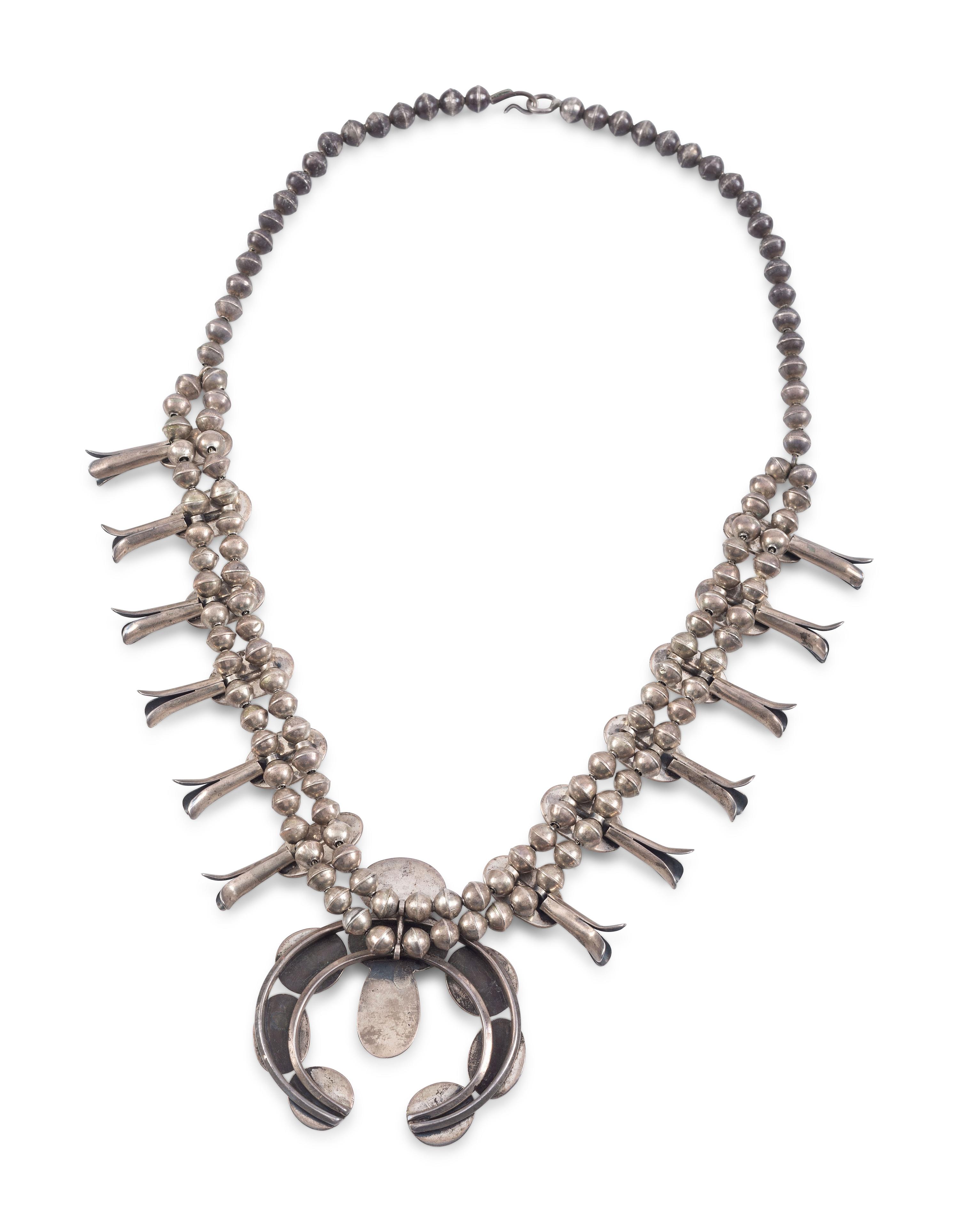 Navajo Silver and Coral Squash Blossom Necklace