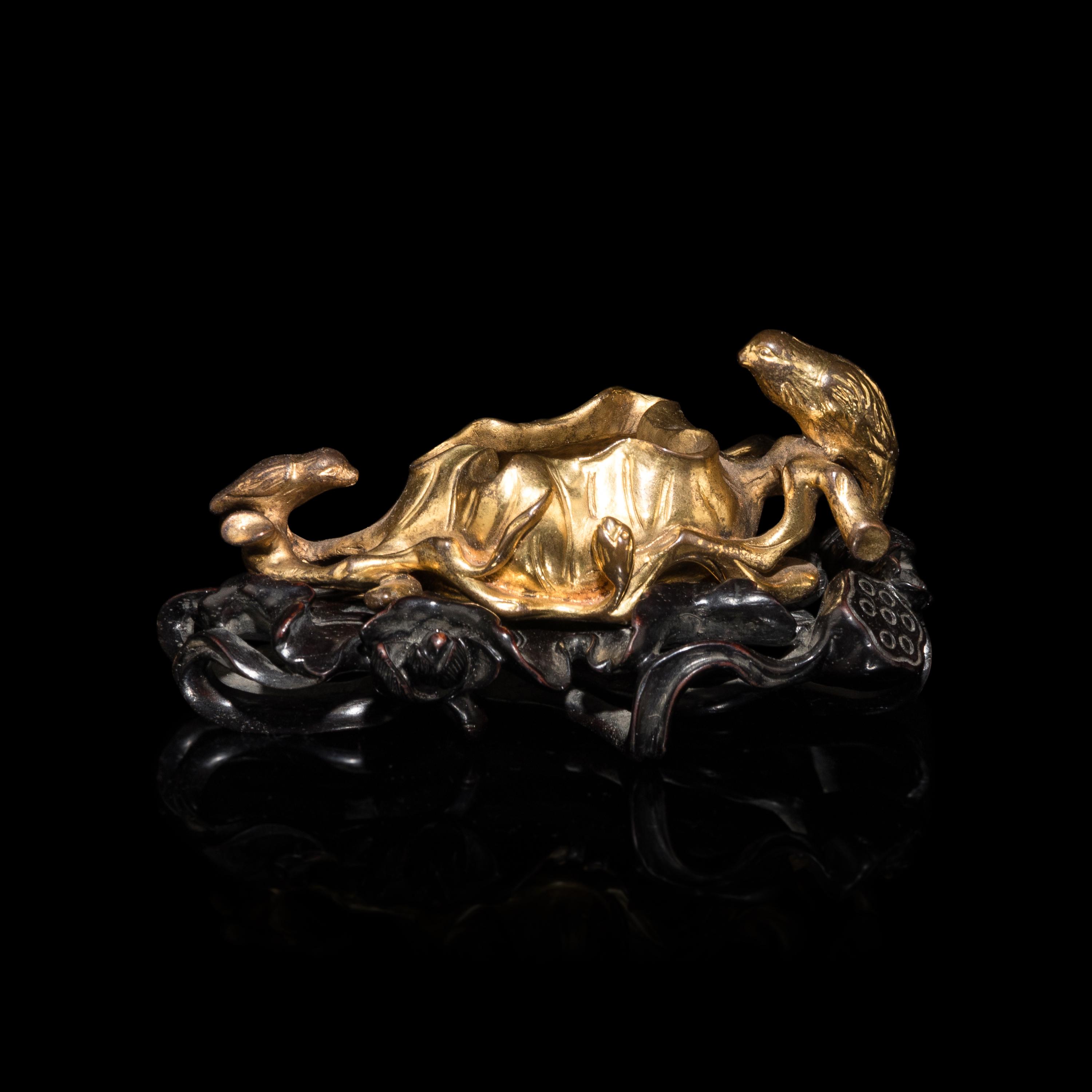 A Chinese Gilt Bronze 'Bird and Lotus' Washer 銅漆金荷葉式筆洗