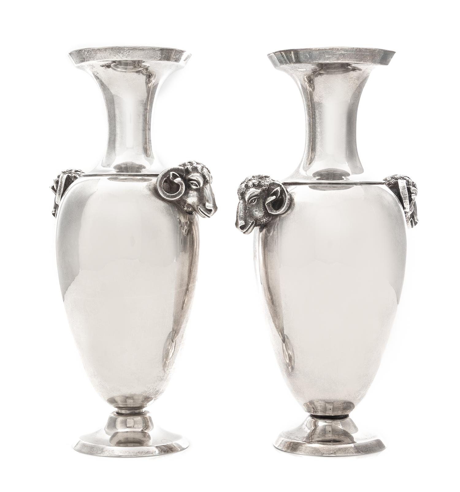 A Pair of American Silver Vases, Tiffany & Co., New York, Circa 1860, each with twin ram's mask handles.