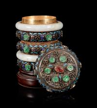 A Jadeite and Hardstone Inset Enameled Jewelry Box and Cover