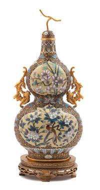 A Chinese Enameled and Cloisonne Gourd-form Lidded Vase Height 14 1/4 inches. — 20TH CENTURY