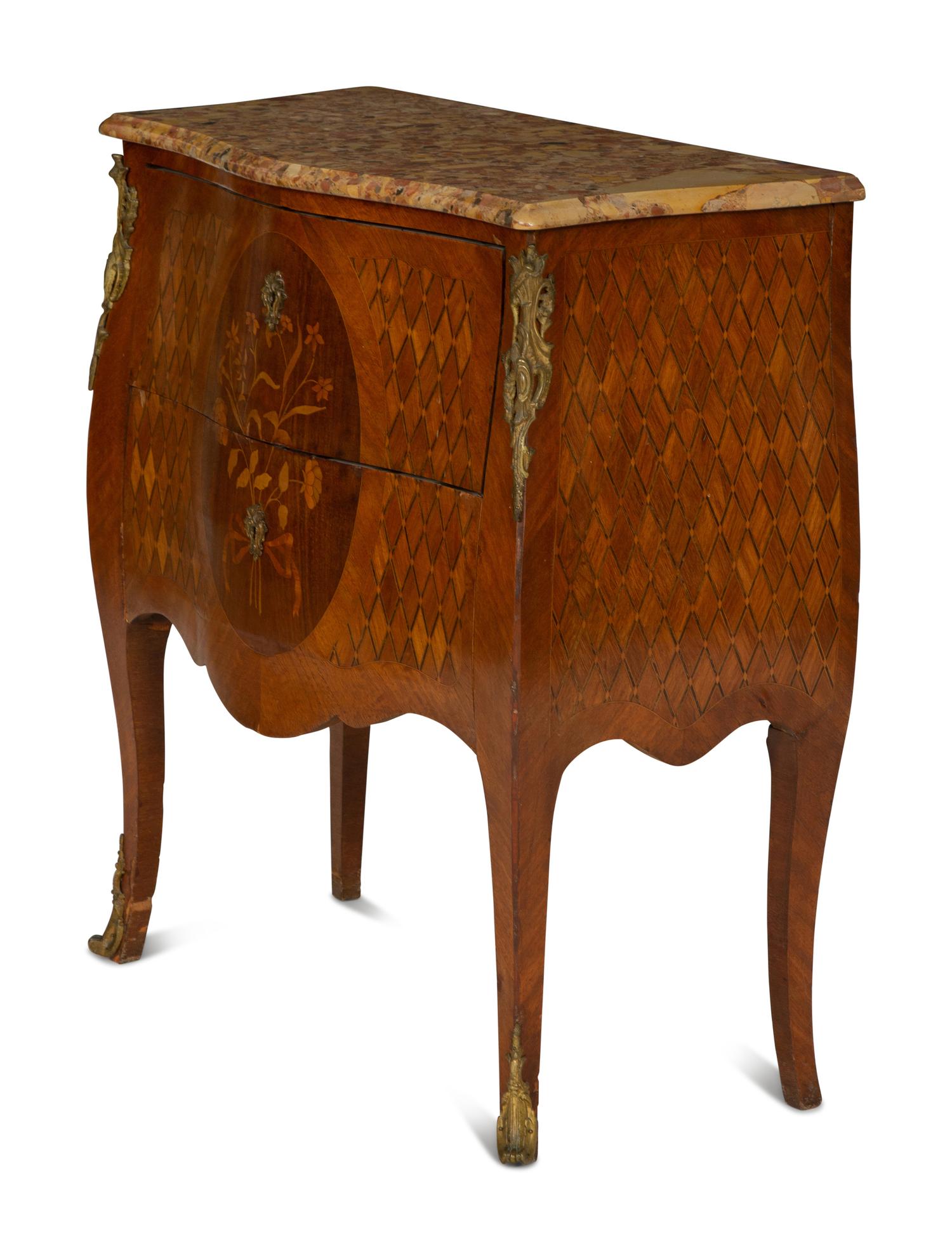 A Louis XV Style Gilt Metal-Mounted Tulipwood Marquetry Marble-Top Commode