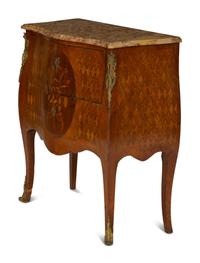 A Louis XV Style Gilt Metal-Mounted Tulipwood Marquetry Marble-Top Commode