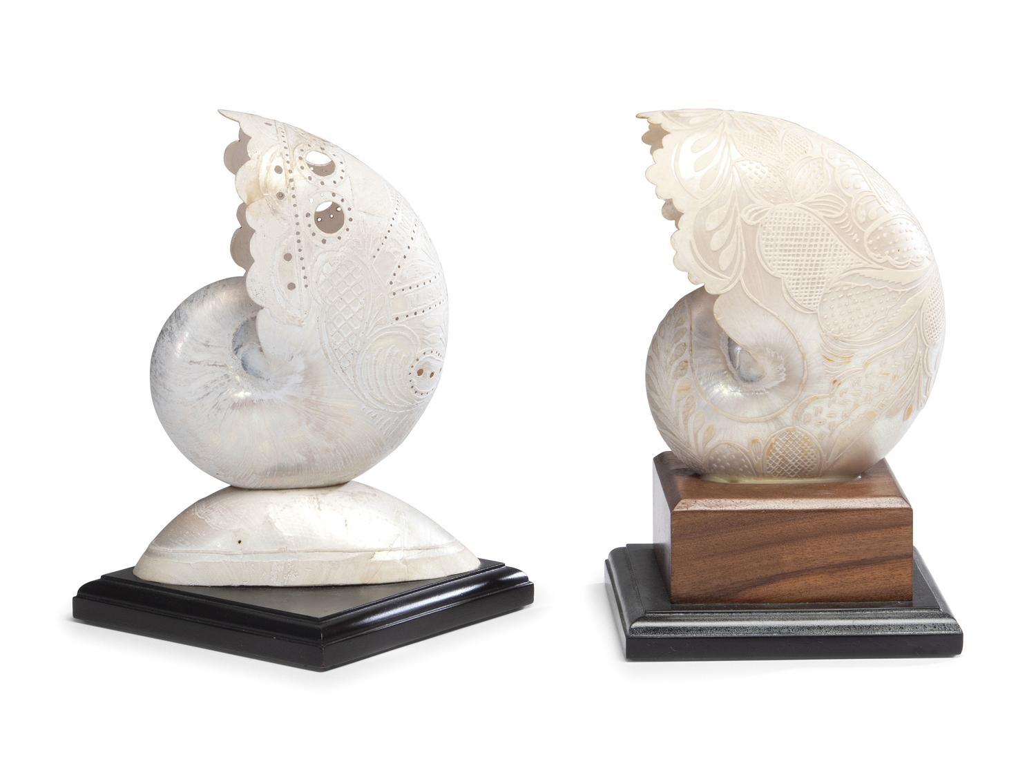 Two Carved Nautilus Shells