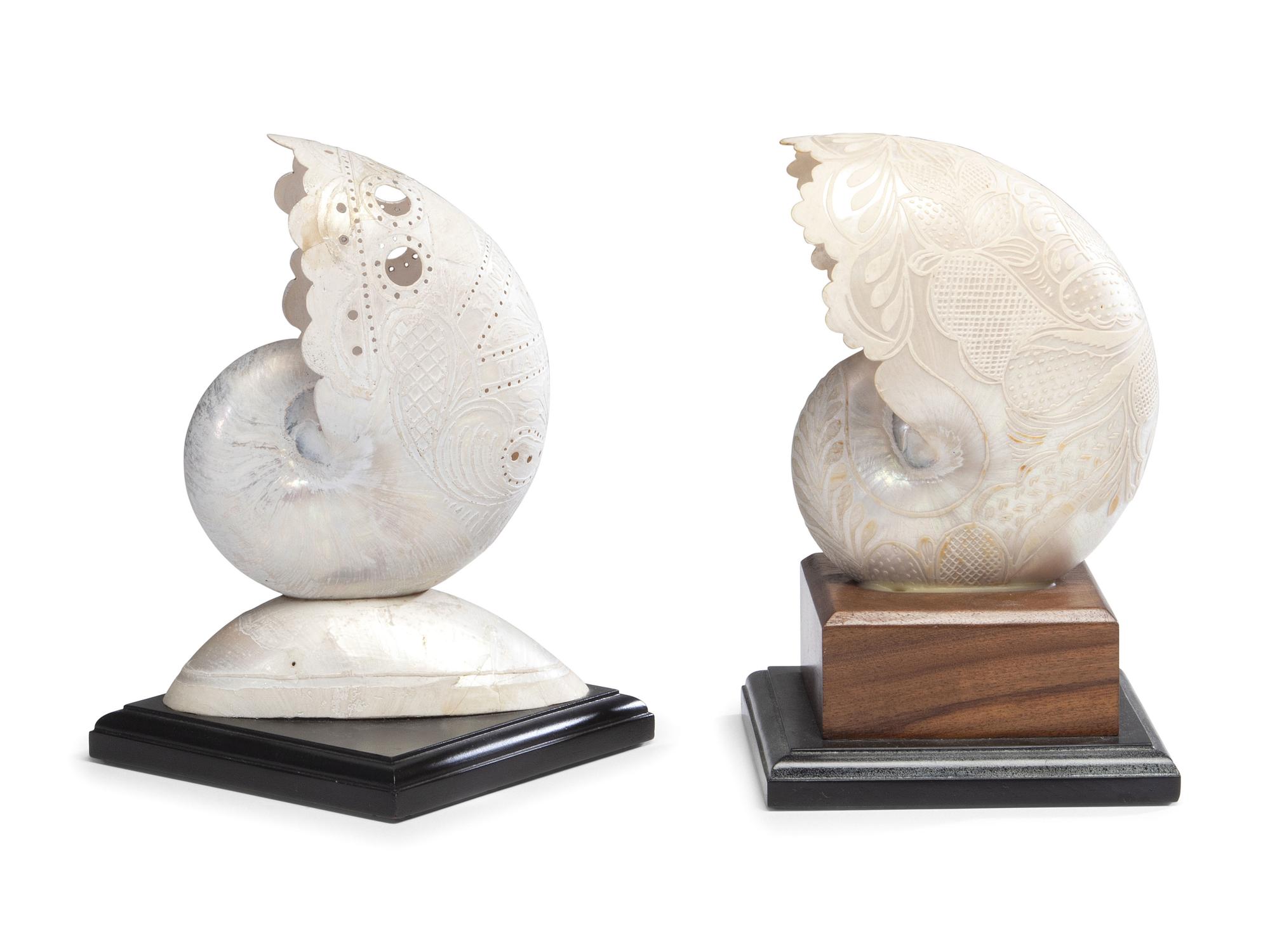 Two Carved Nautilus Shells