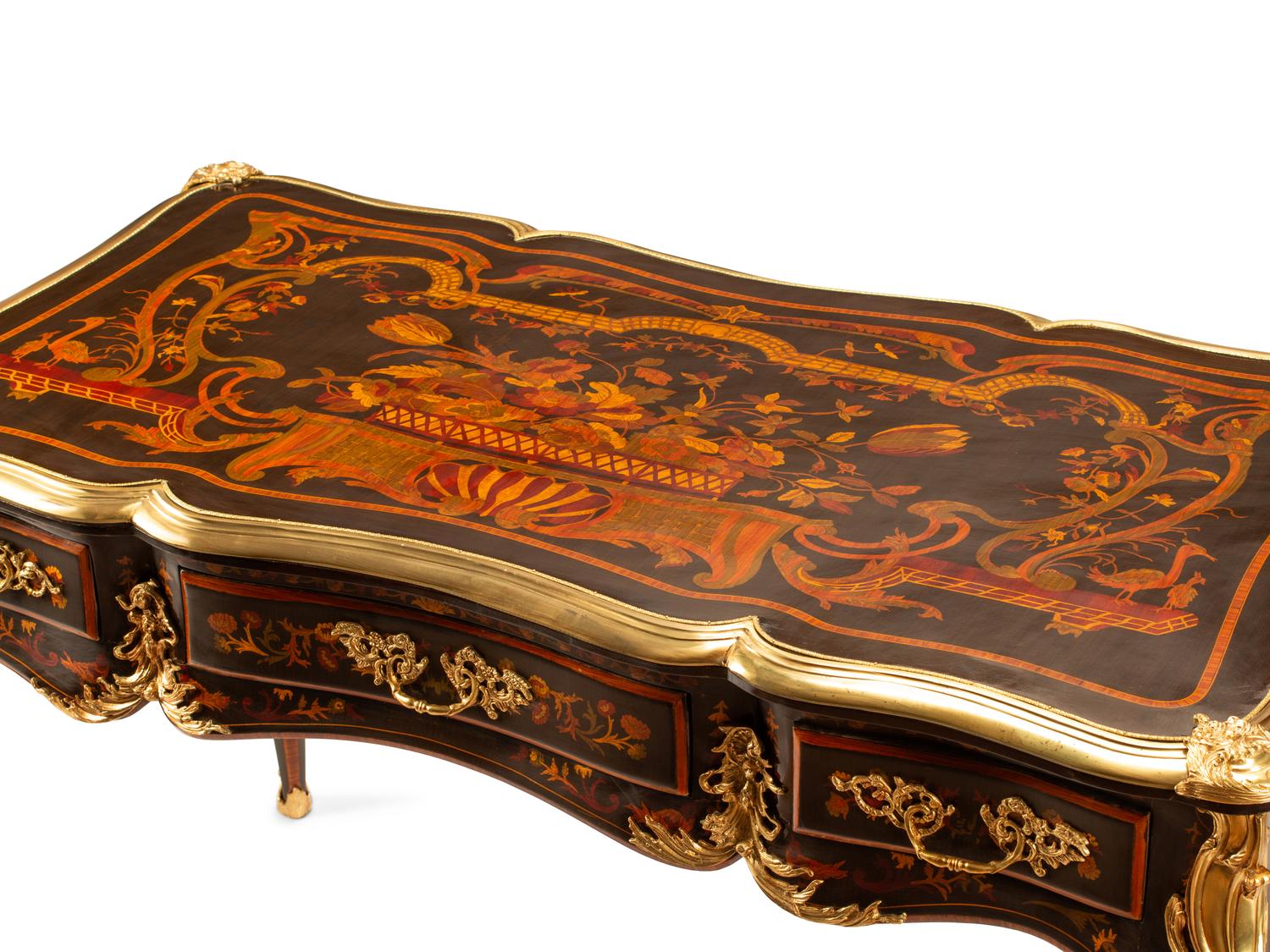 A Louis XV Style Gilt Bronze Mounted Marquetry Bureau Plat, 20th Century
