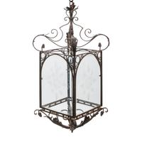 A Pair of Louis XV Style Iron and Parcel Gilt Etched Glass Hall Lanterns