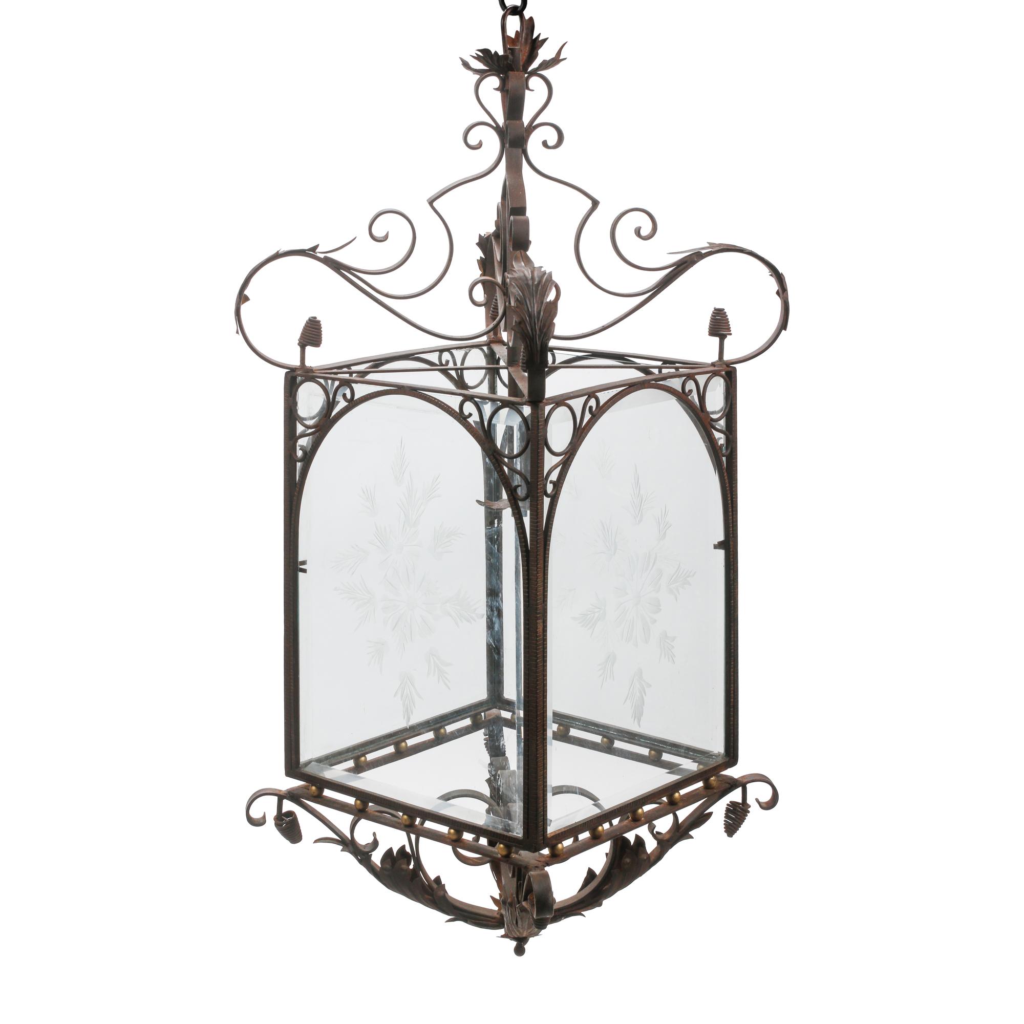 A Pair of Louis XV Style Iron and Parcel Gilt Etched Glass Hall Lanterns