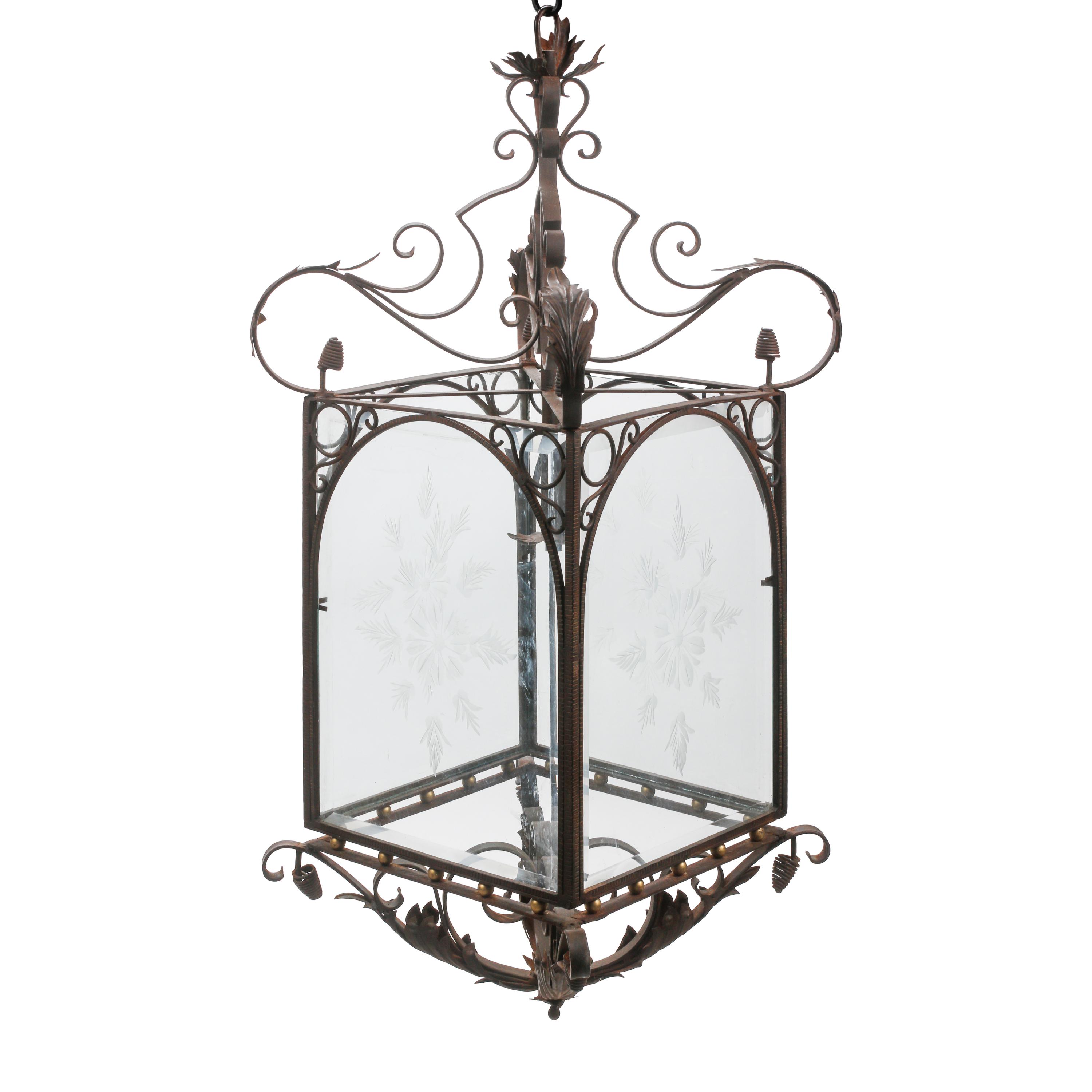 A Pair of Louis XV Style Iron and Parcel Gilt Etched Glass Hall Lanterns