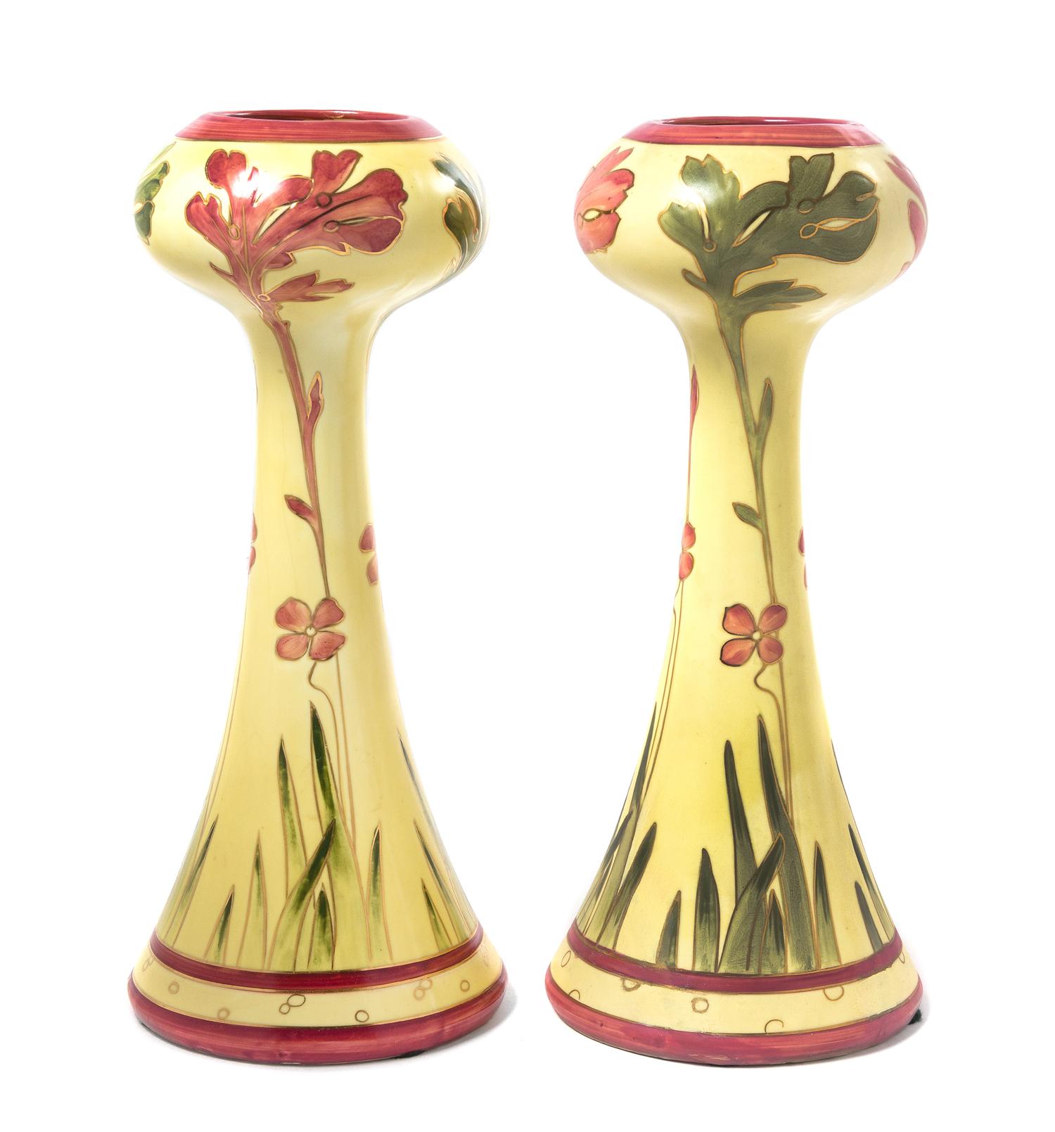 A Pair of Royal Dux Art Nouveau Pottery Vases Height 13 1/2 inches.