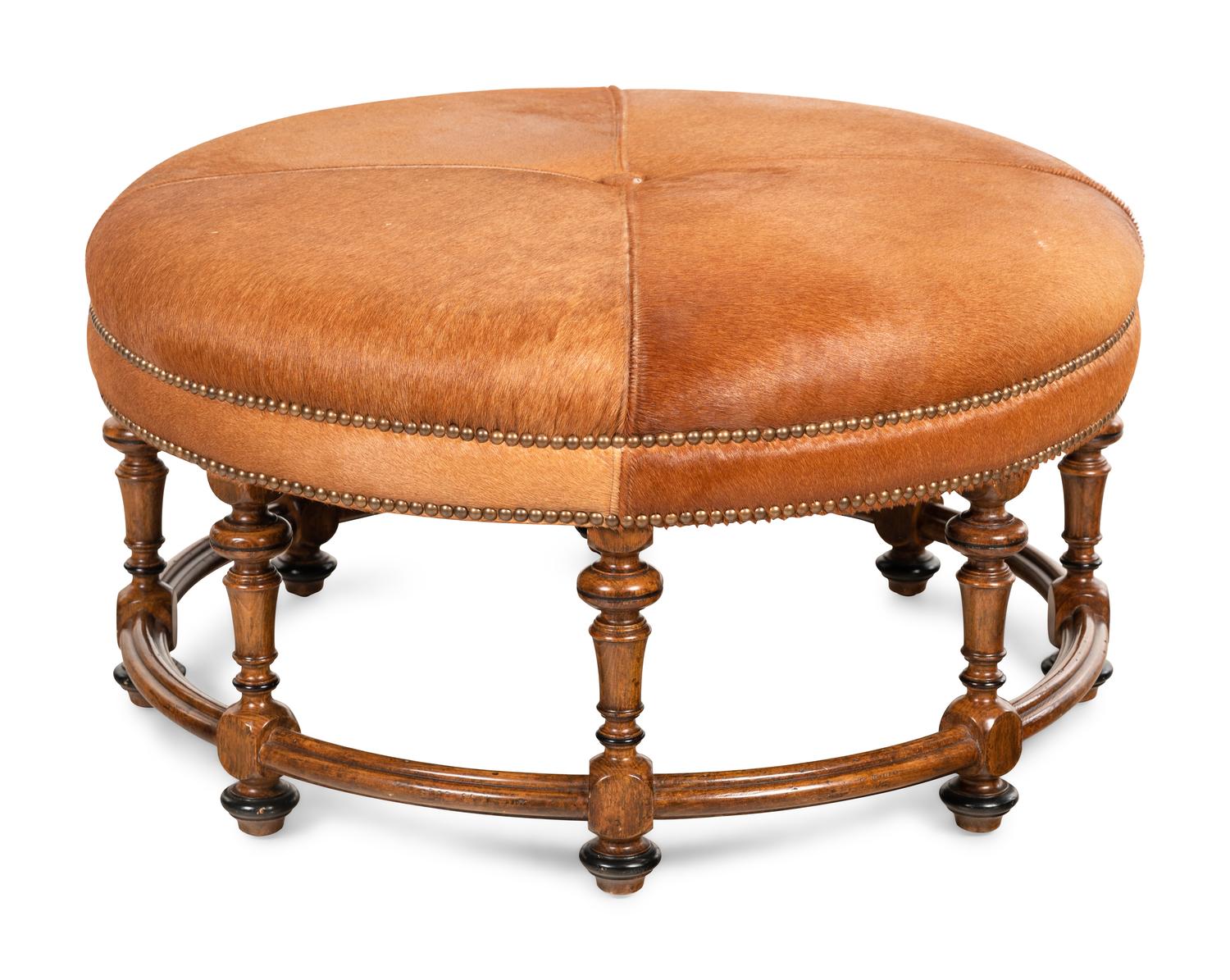 A William and Mary Style Oak Ottoman with Haircalf Upholstery