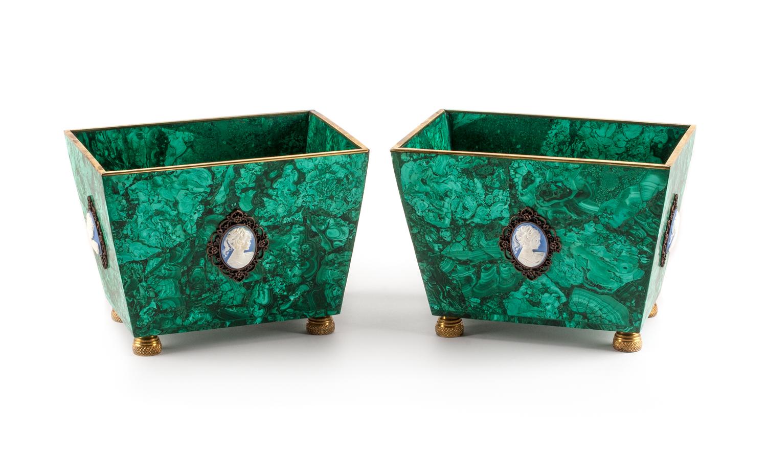 A Pair of Russian Jasperware Mounted Malachite Jardinieres Height 6 3/4 x width 9 1/4 inches.