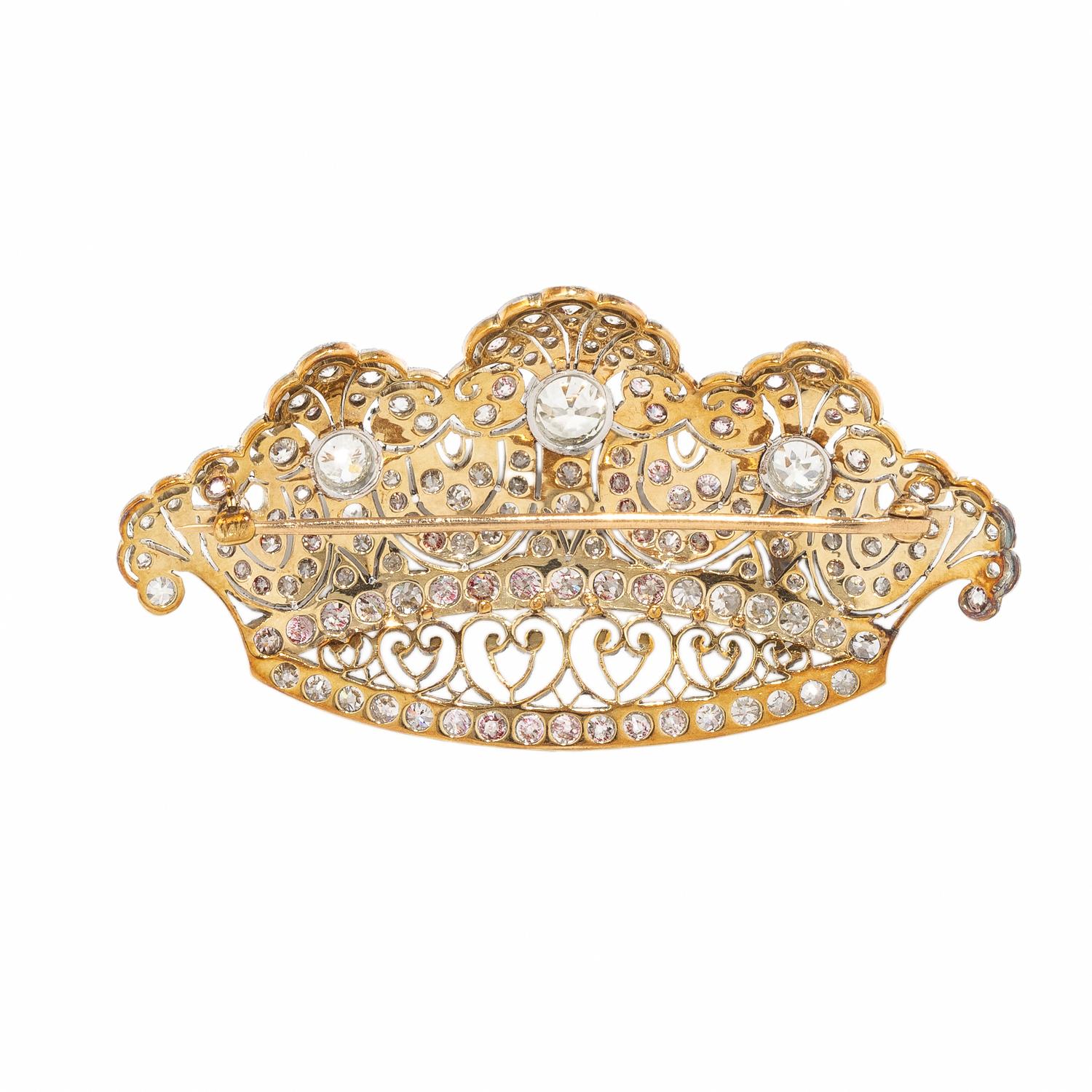 DIAMOND AND PLATINUM-TOPPED GOLD CROWN BROOCH