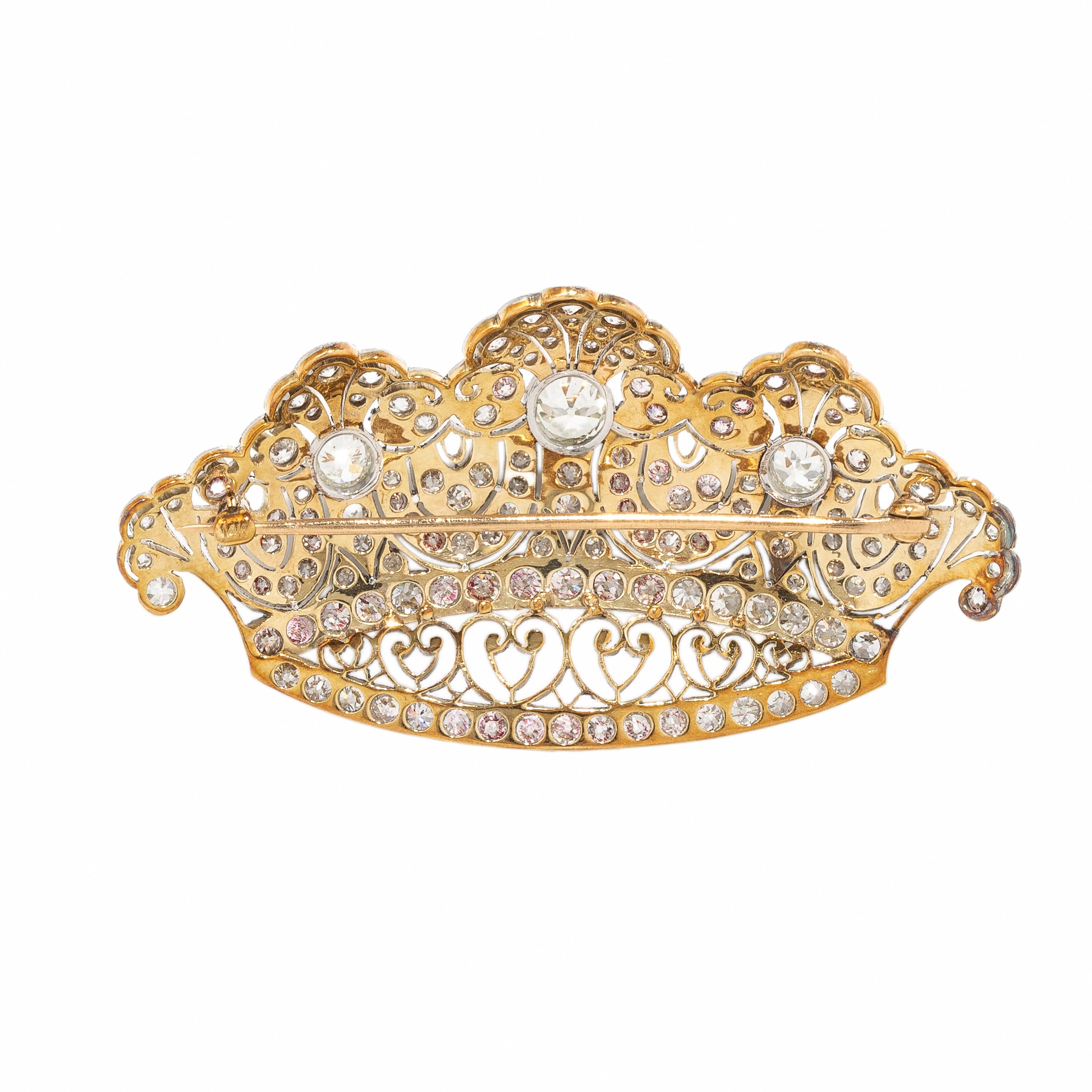 DIAMOND AND PLATINUM-TOPPED GOLD CROWN BROOCH