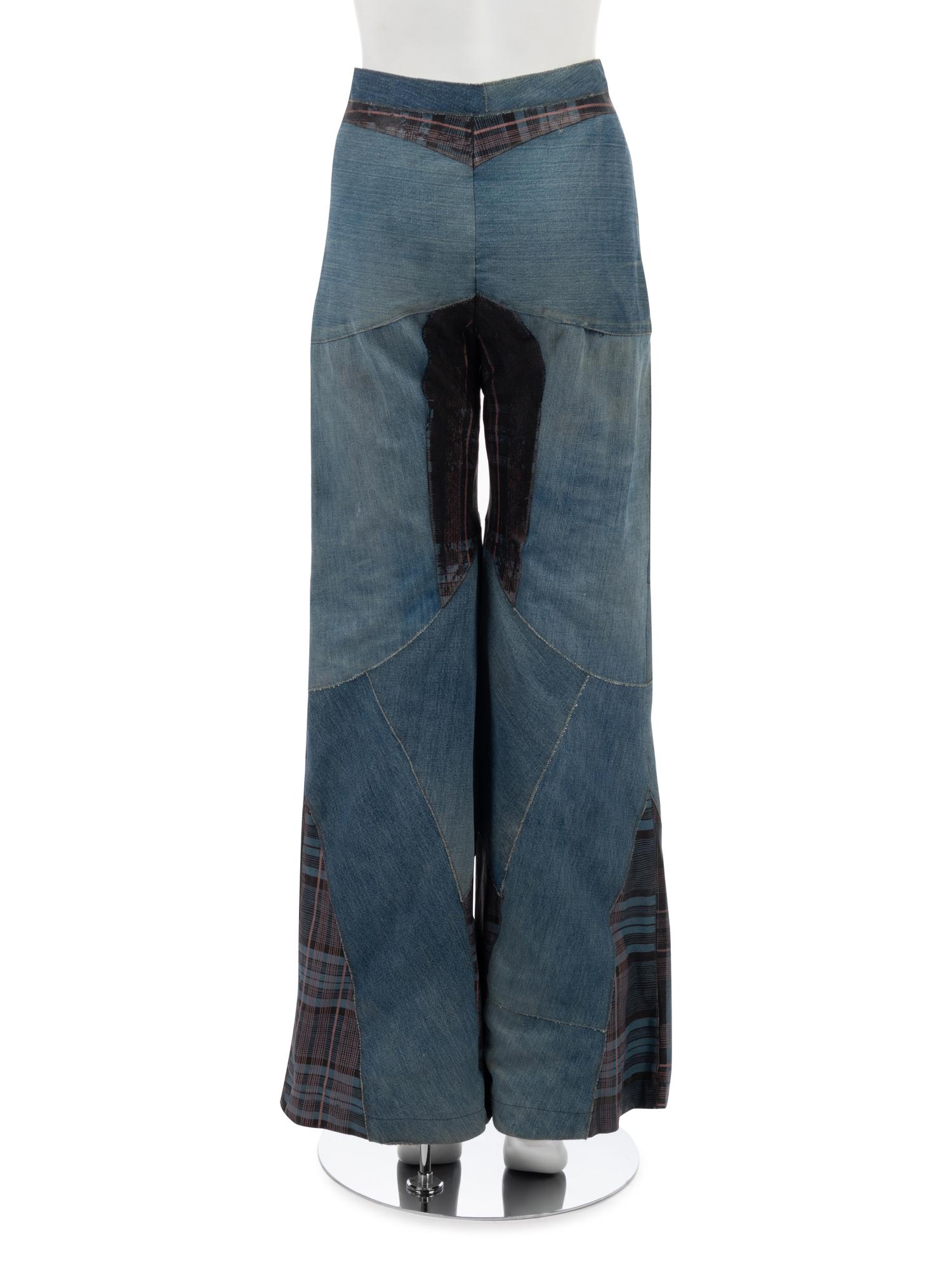One Saint Laurent Rive Gauche Black Crepe Top and One Pair of Unlabeled Bell Bottom Denim Jeans, 1970s