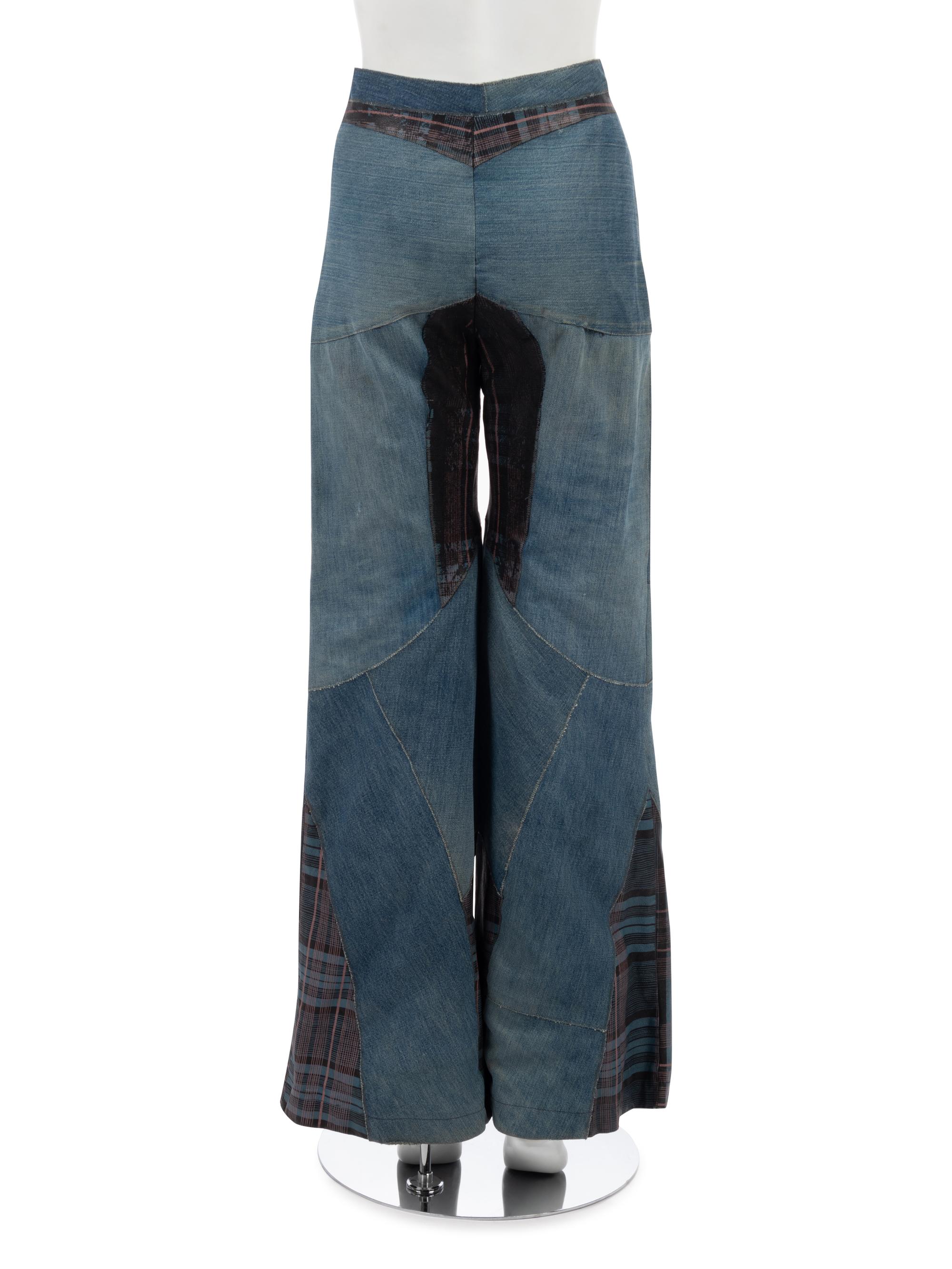 One Saint Laurent Rive Gauche Black Crepe Top and One Pair of Unlabeled Bell Bottom Denim Jeans, 1970s