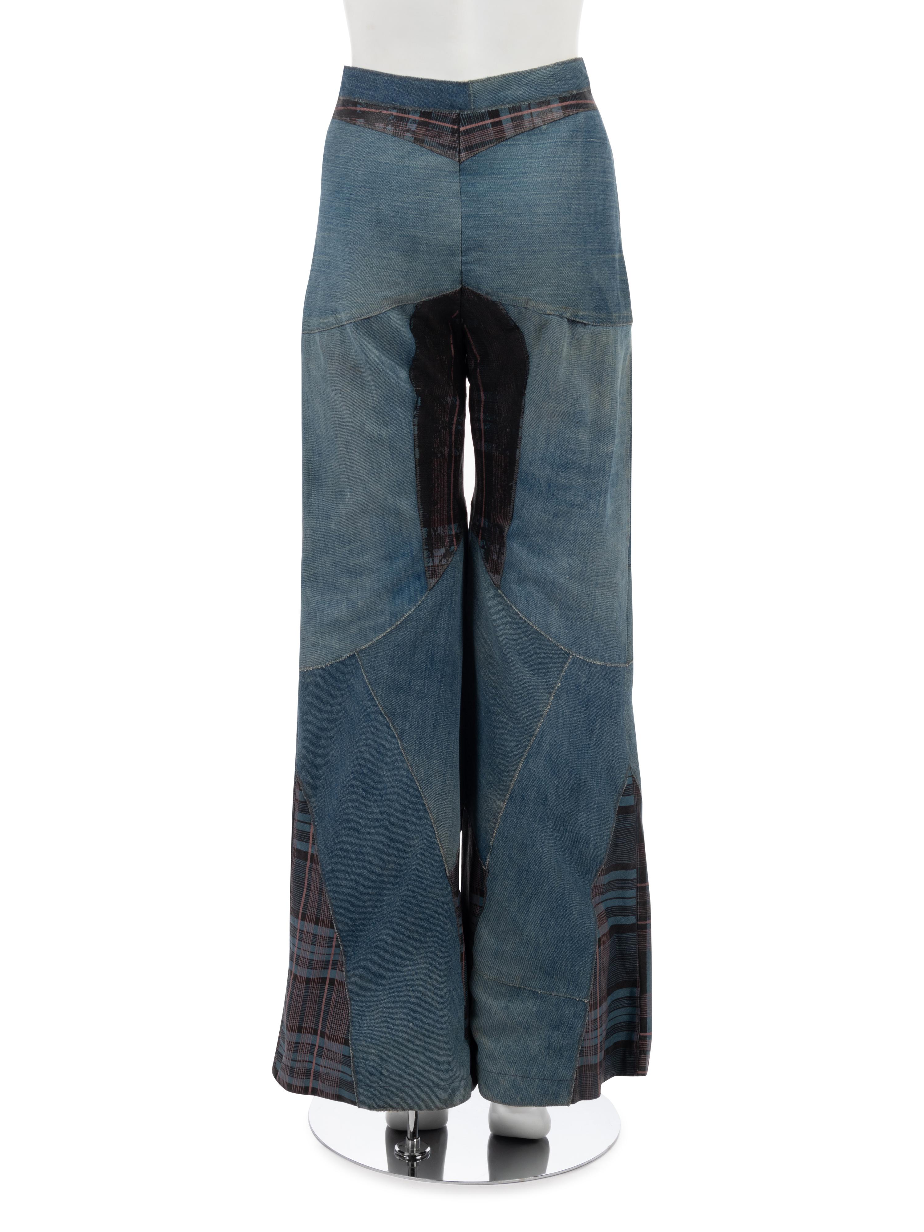 One Saint Laurent Rive Gauche Black Crepe Top and One Pair of Unlabeled Bell Bottom Denim Jeans, 1970s
