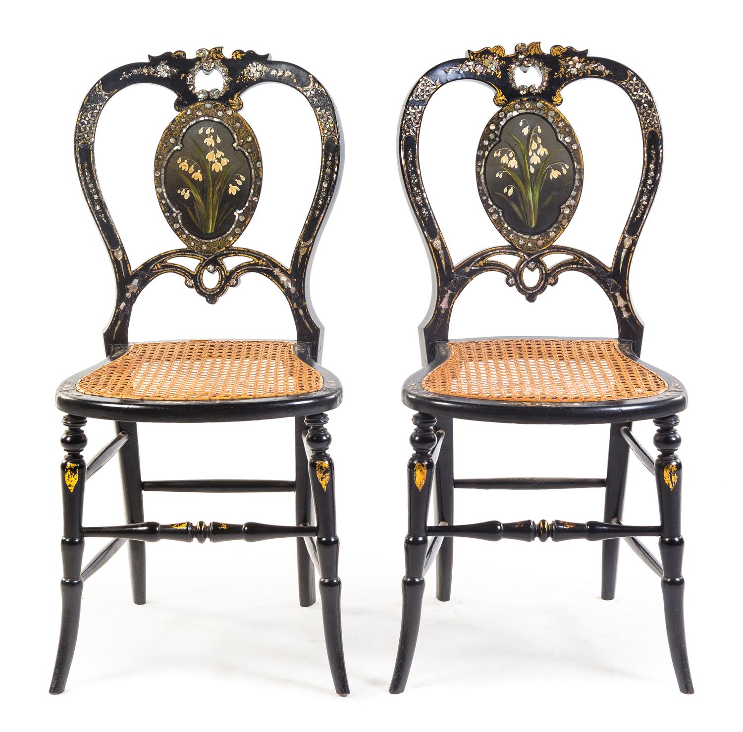 A Pair of Victorian Black Lacquered, Painted and Mother-of-Pearl Inlaid Balloon Back Side Chairs Height 32 1/4 inches. — LATE 19TH/EARLY 20TH CENTURY