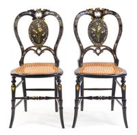 A Pair of Victorian Black Lacquered, Painted and Mother-of-Pearl Inlaid Balloon Back Side Chairs Height 32 1/4 inches. — LATE 19TH/EARLY 20TH CENTURY