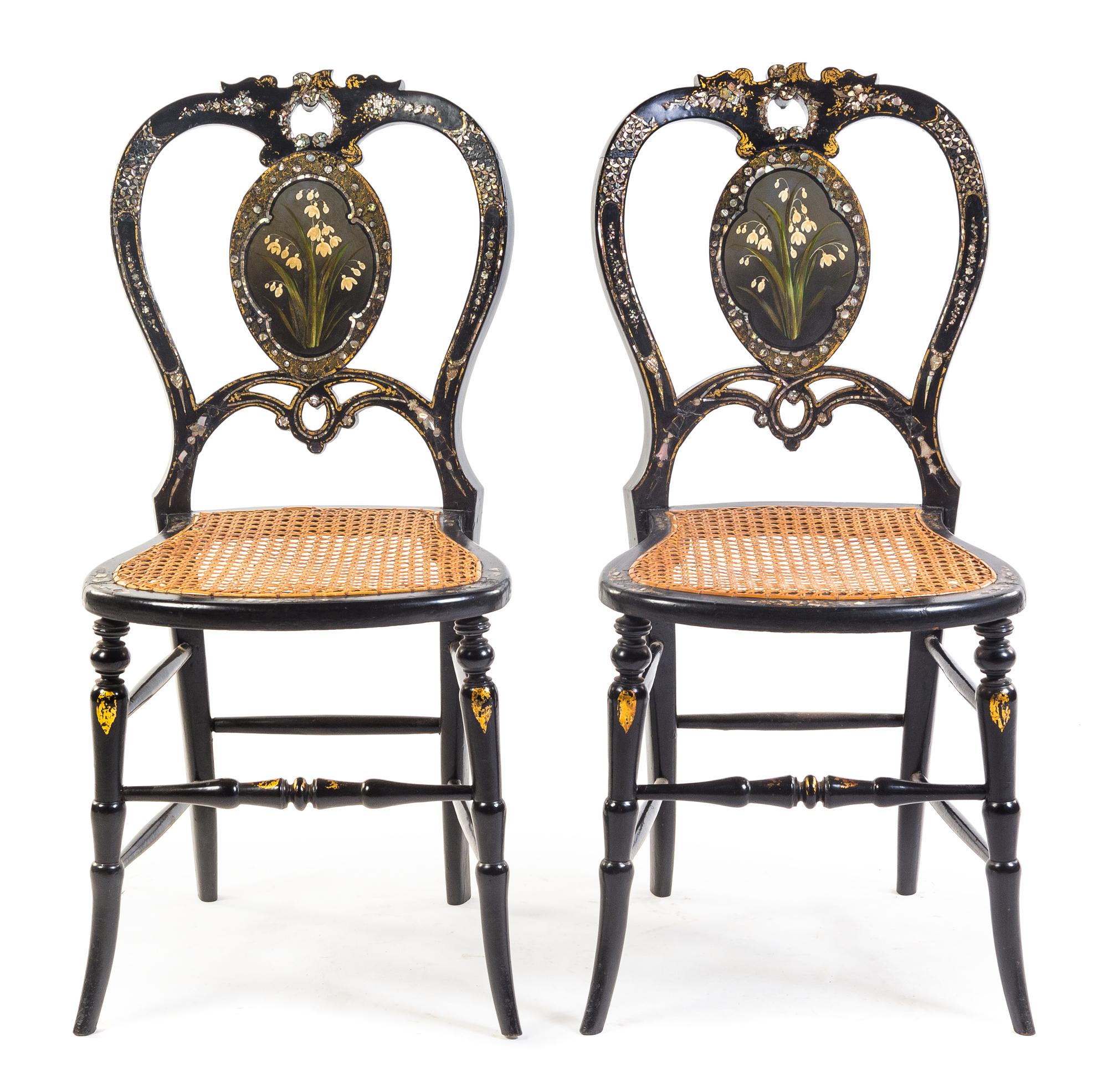 A Pair of Victorian Black Lacquered, Painted and Mother-of-Pearl Inlaid Balloon Back Side Chairs Height 32 1/4 inches. — LATE 19TH/EARLY 20TH CENTURY