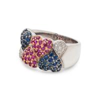 RUBY, SAPPHIRE AND DIAMOND HEART RING