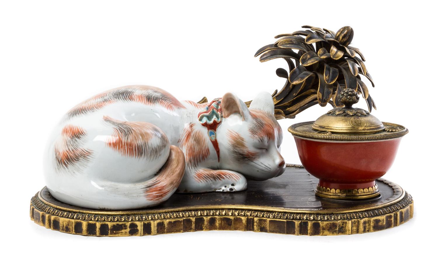 A Louis XV Style Porcelain Mounted Bronze Inkstand Width 12 1/2 inches. — 20TH CENTURY