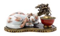 A Louis XV Style Porcelain Mounted Bronze Inkstand Width 12 1/2 inches. — 20TH CENTURY