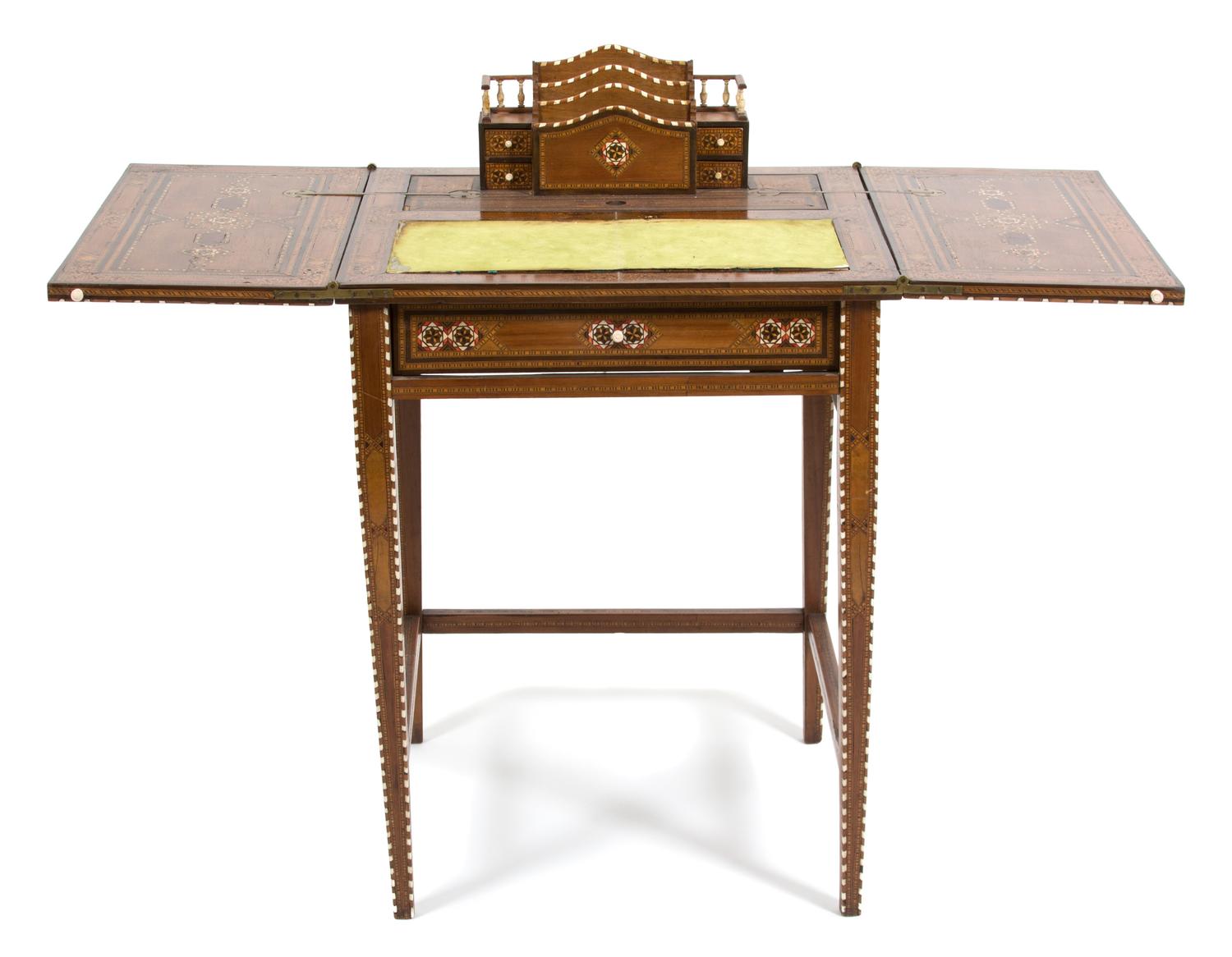 A Syrian Mother-of-Pearl, Bone, and Fruitwood Parquetry Inlaid Game Table Height 29 1/2 x width 23 x depth 23 inches.