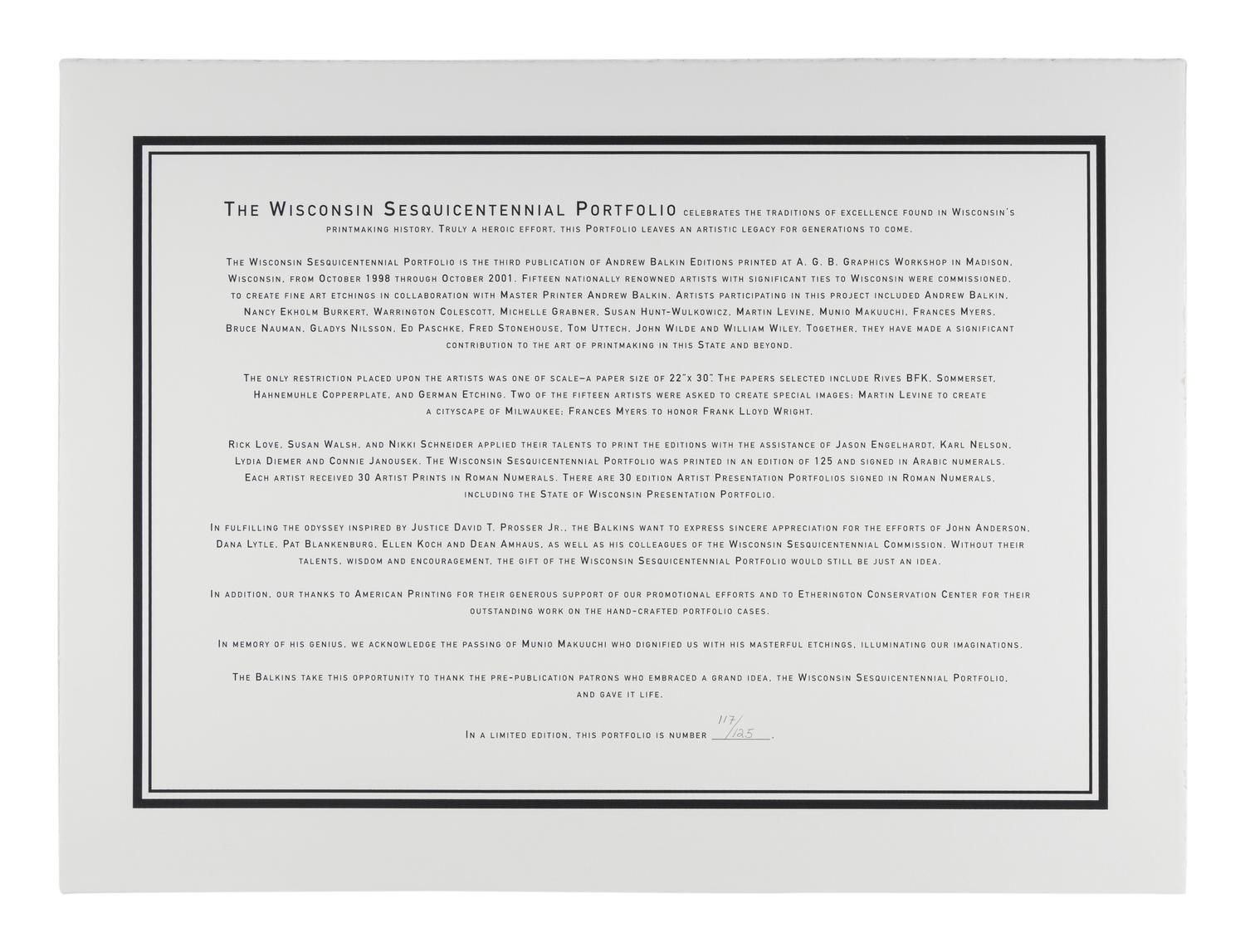 The Wisconsin Sesquicentennial Portfolio (complete portfolio of 17 works by 15 artists with portfolio case), 2001