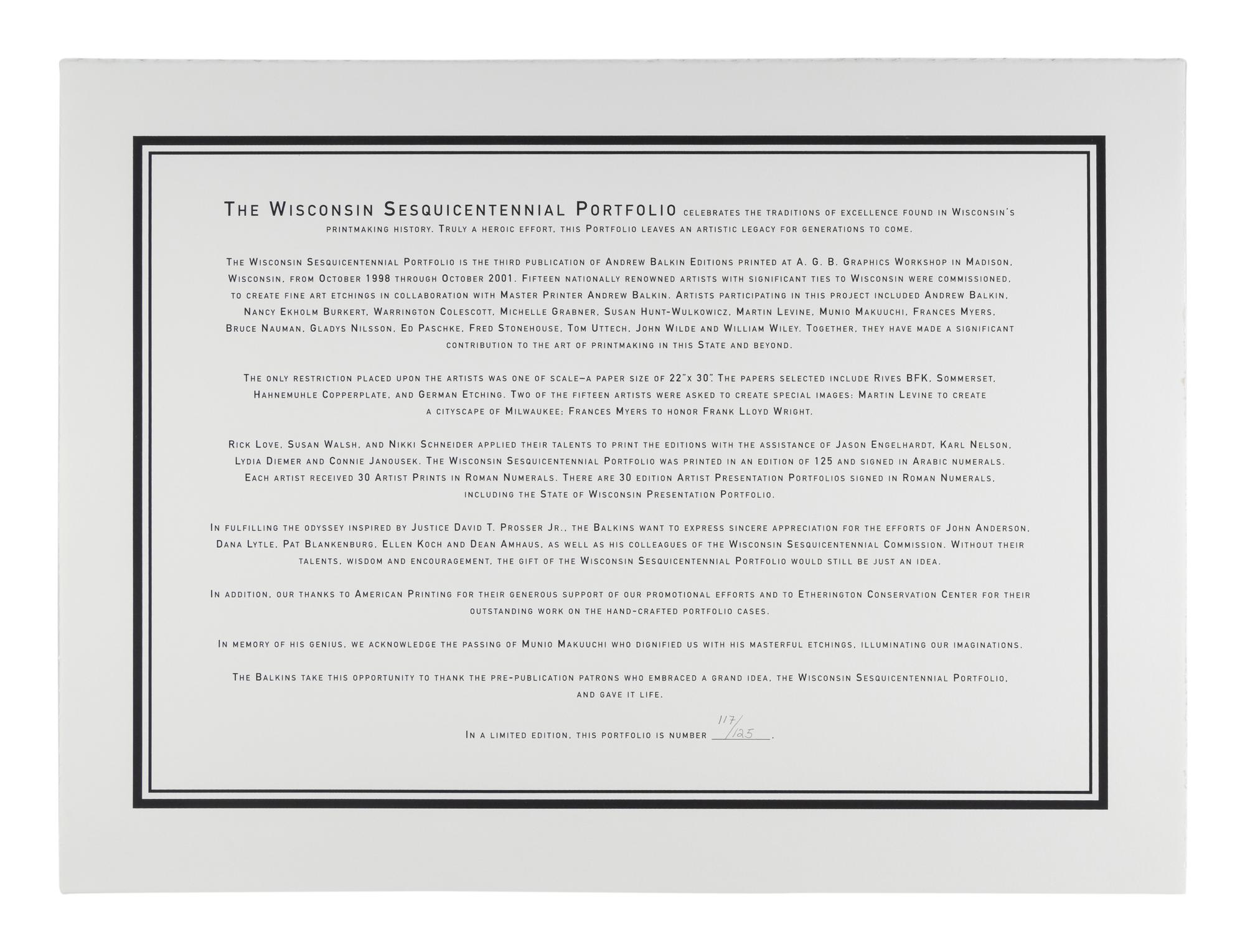 The Wisconsin Sesquicentennial Portfolio (complete portfolio of 17 works by 15 artists with portfolio case), 2001
