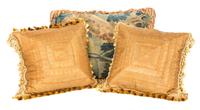 A Group of Pillows and Two Paisley Coverlets Larger paisley 10 feet 11 inches x 5 feet 4 inches.