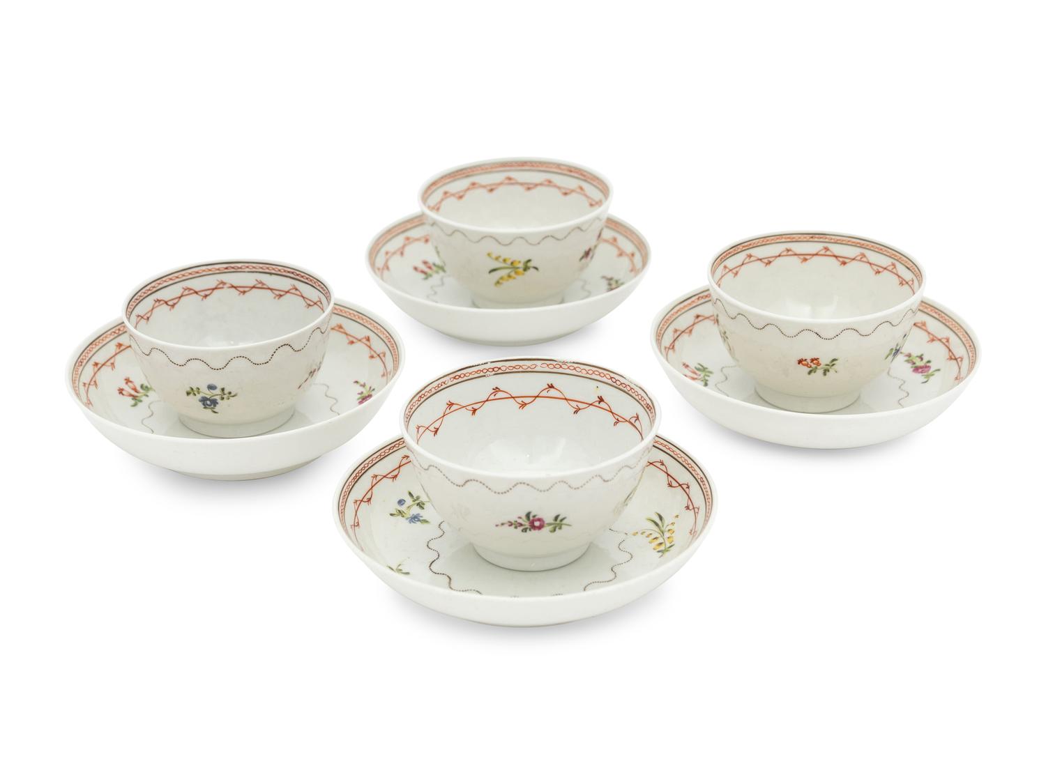 A Set of Four English Porcelain Tea Bowls and Saucers