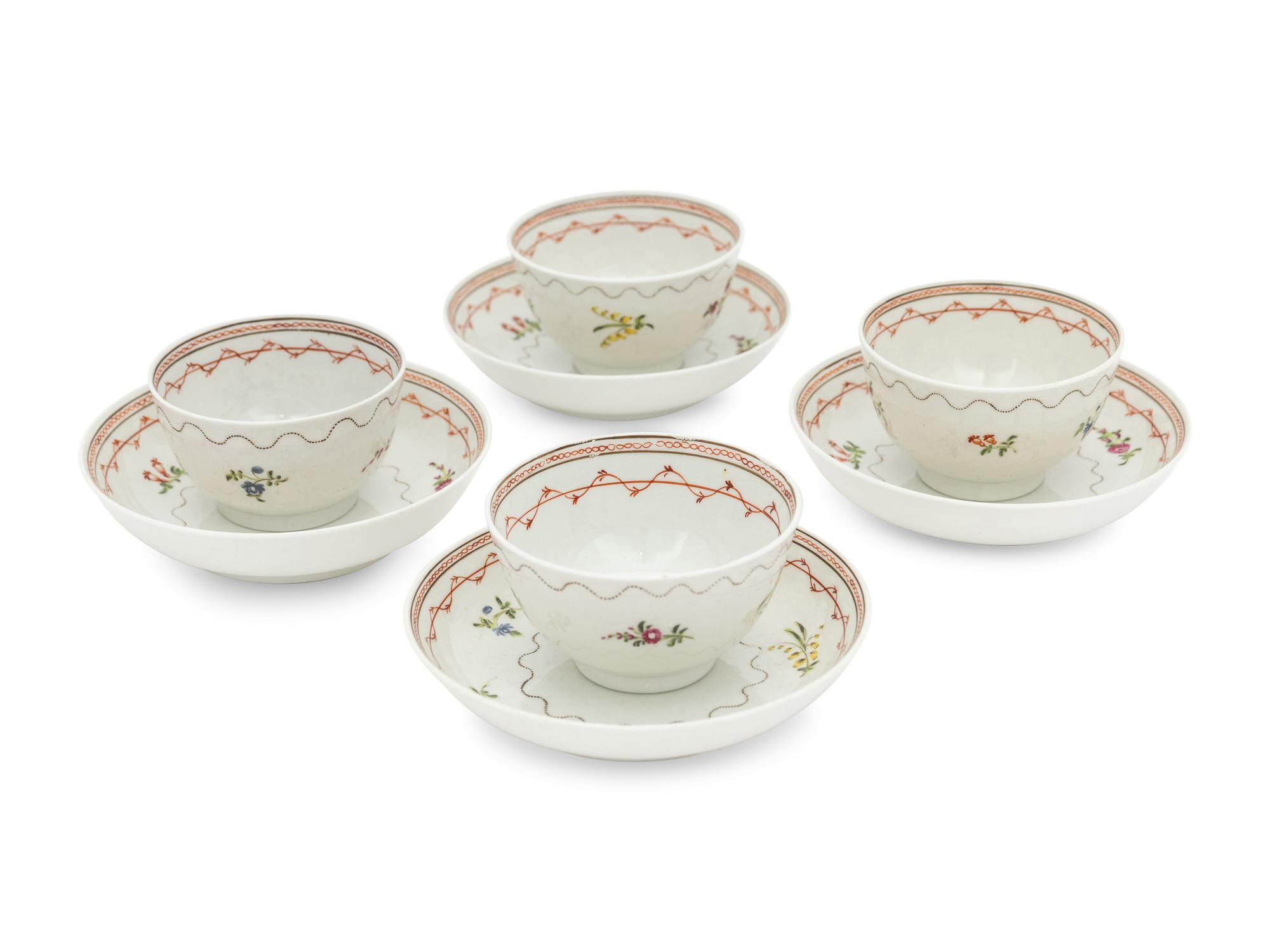 A Set of Four English Porcelain Tea Bowls and Saucers