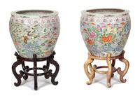 A Pair of Chinese Export Famille Rose Fish Bowls Height 20 x diameter 22 inches. — 20TH CENTURY
