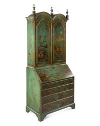 A George II Style Green and Gilt-Japanned Bureau Cabinet