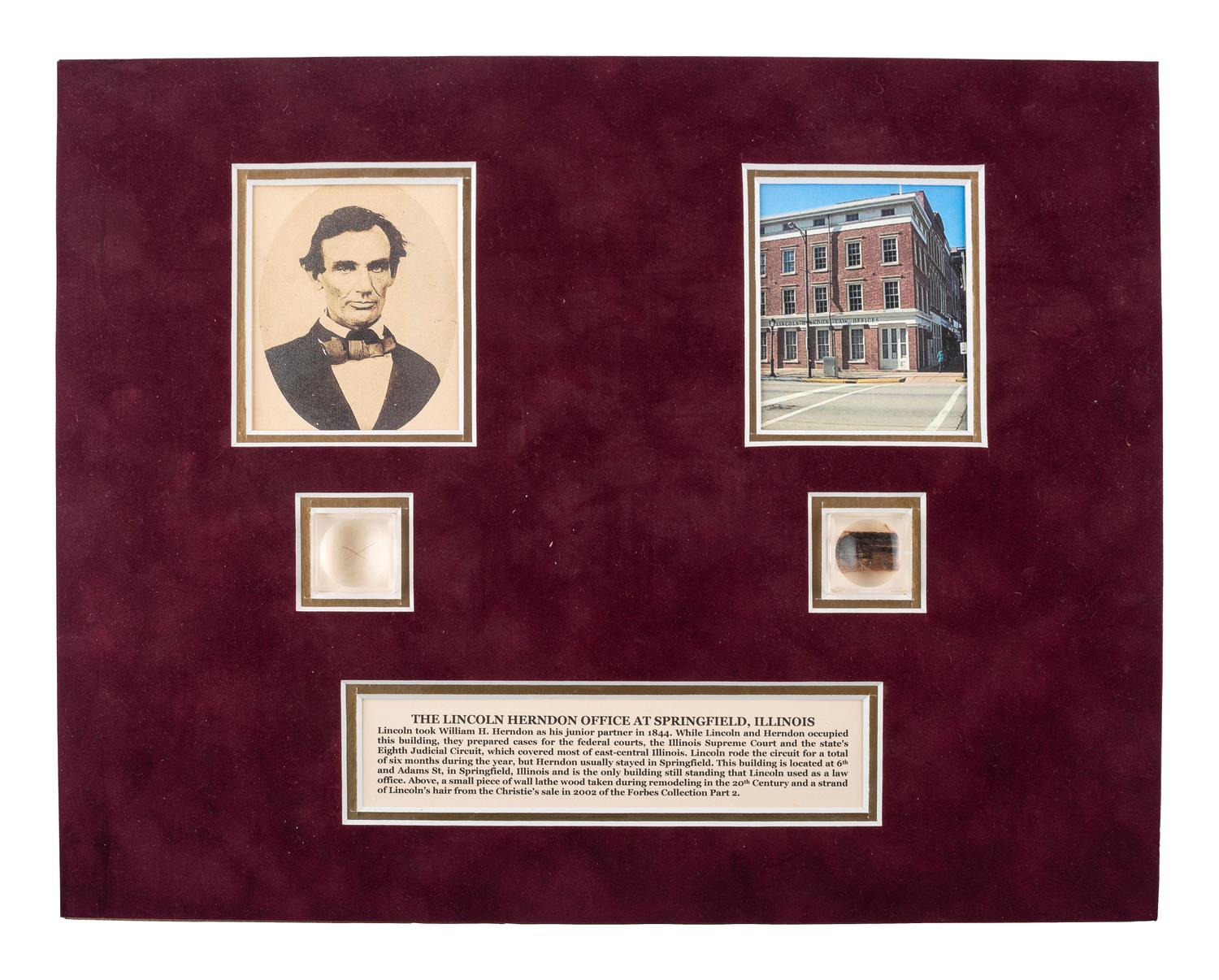 [LINCOLN, Abraham (1809-1865)]. Lincoln relics incl. hair, wood fragment, and fabric remnant.