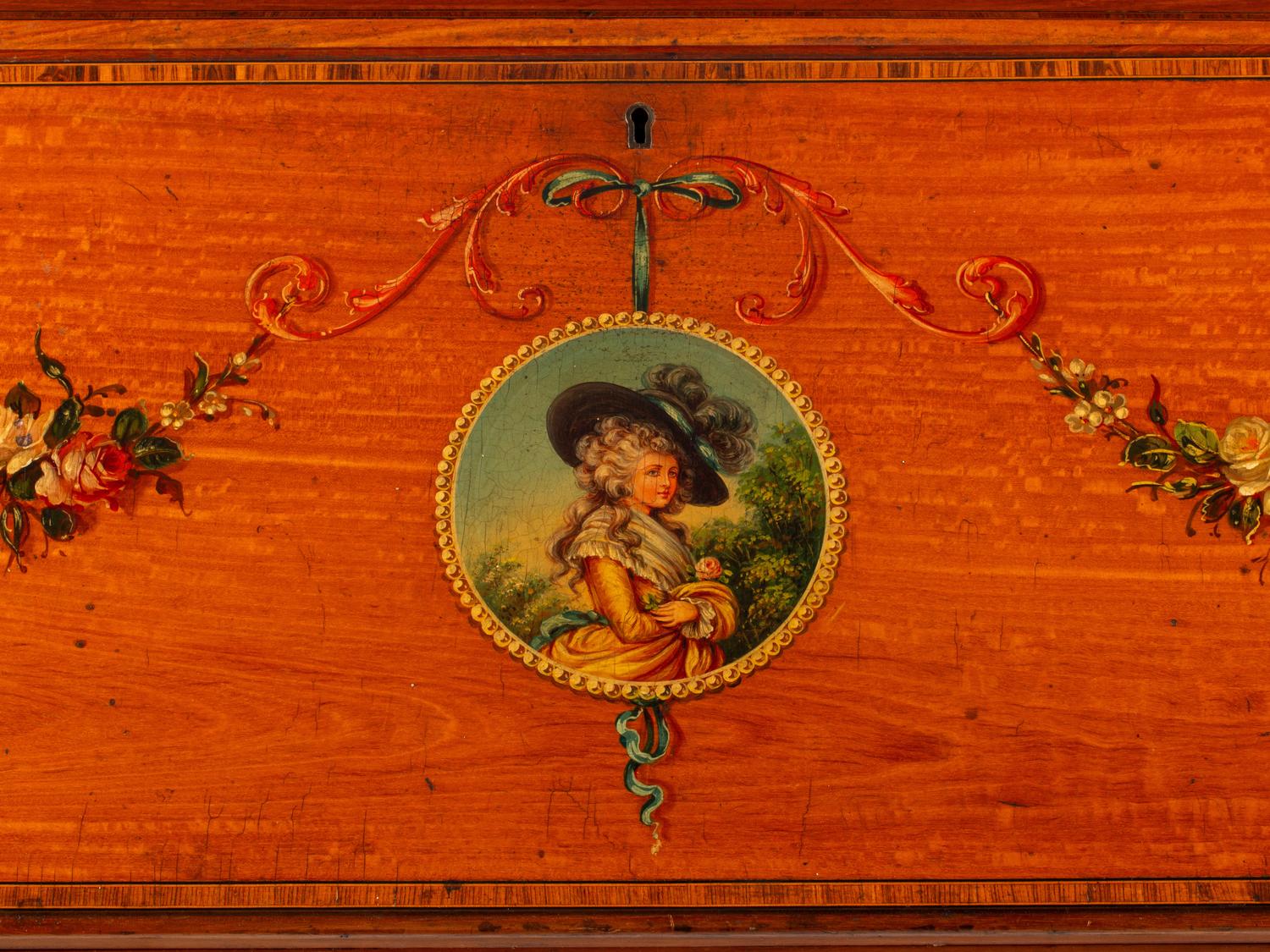 An Edwardian Paint Decorated Satinwood Slant-Front Bureau