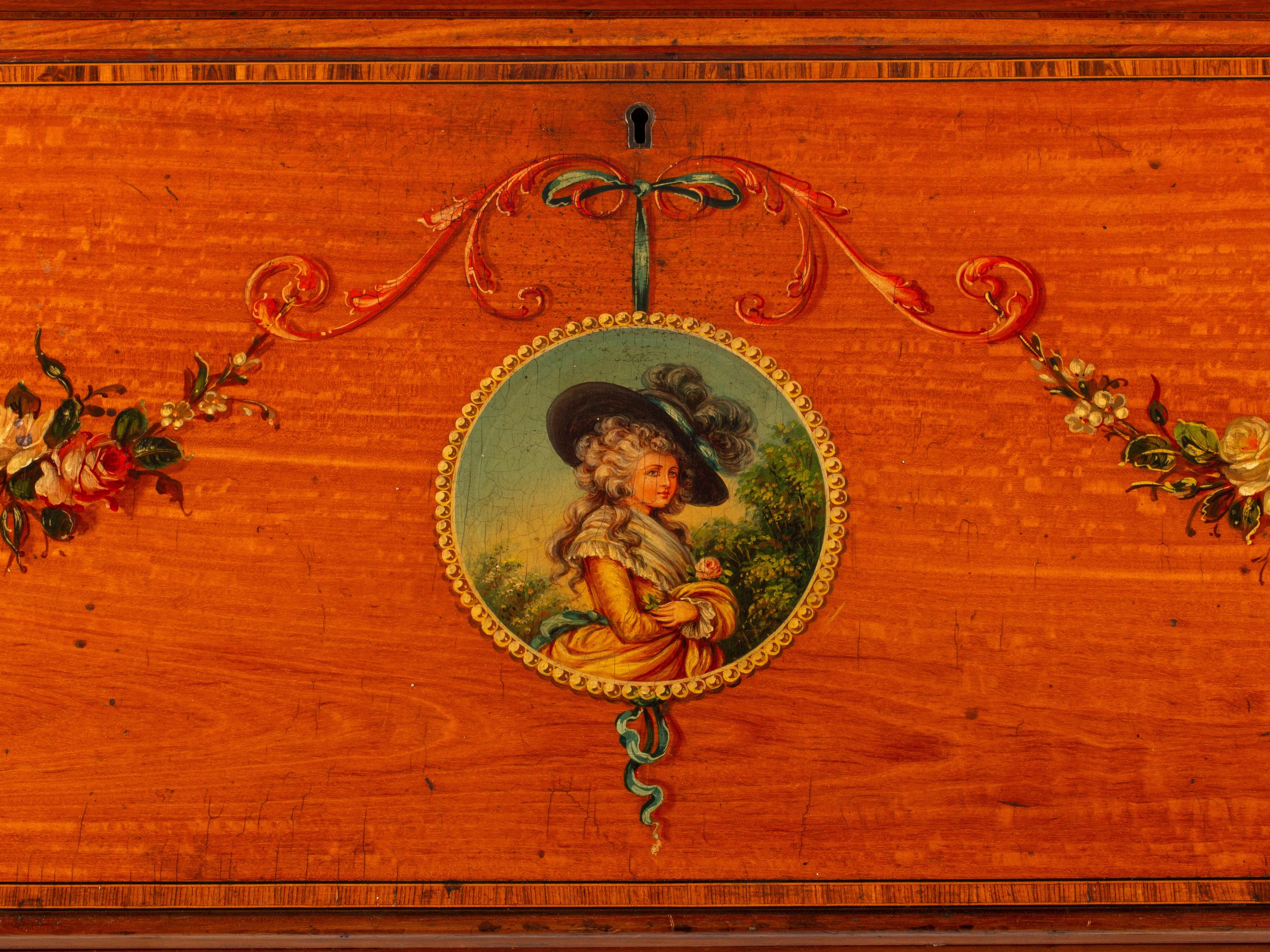 An Edwardian Paint Decorated Satinwood Slant-Front Bureau