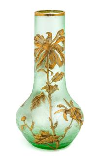 Mont Joye, FRENCH, 19TH/20TH CENTURY, an enameled glass vase, of bottle form with foliate decoration
