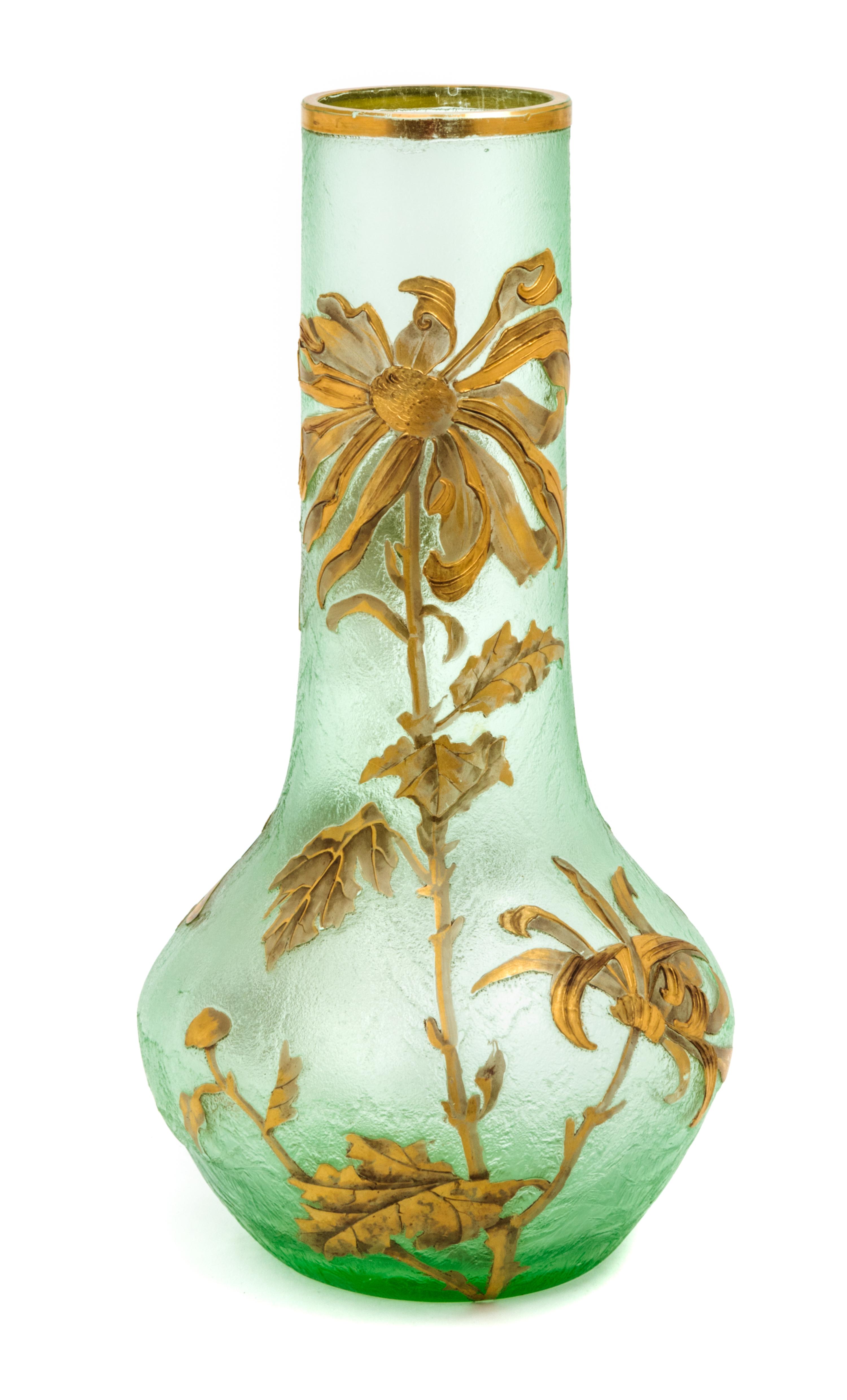 Mont Joye, FRENCH, 19TH/20TH CENTURY, an enameled glass vase, of bottle form with foliate decoration