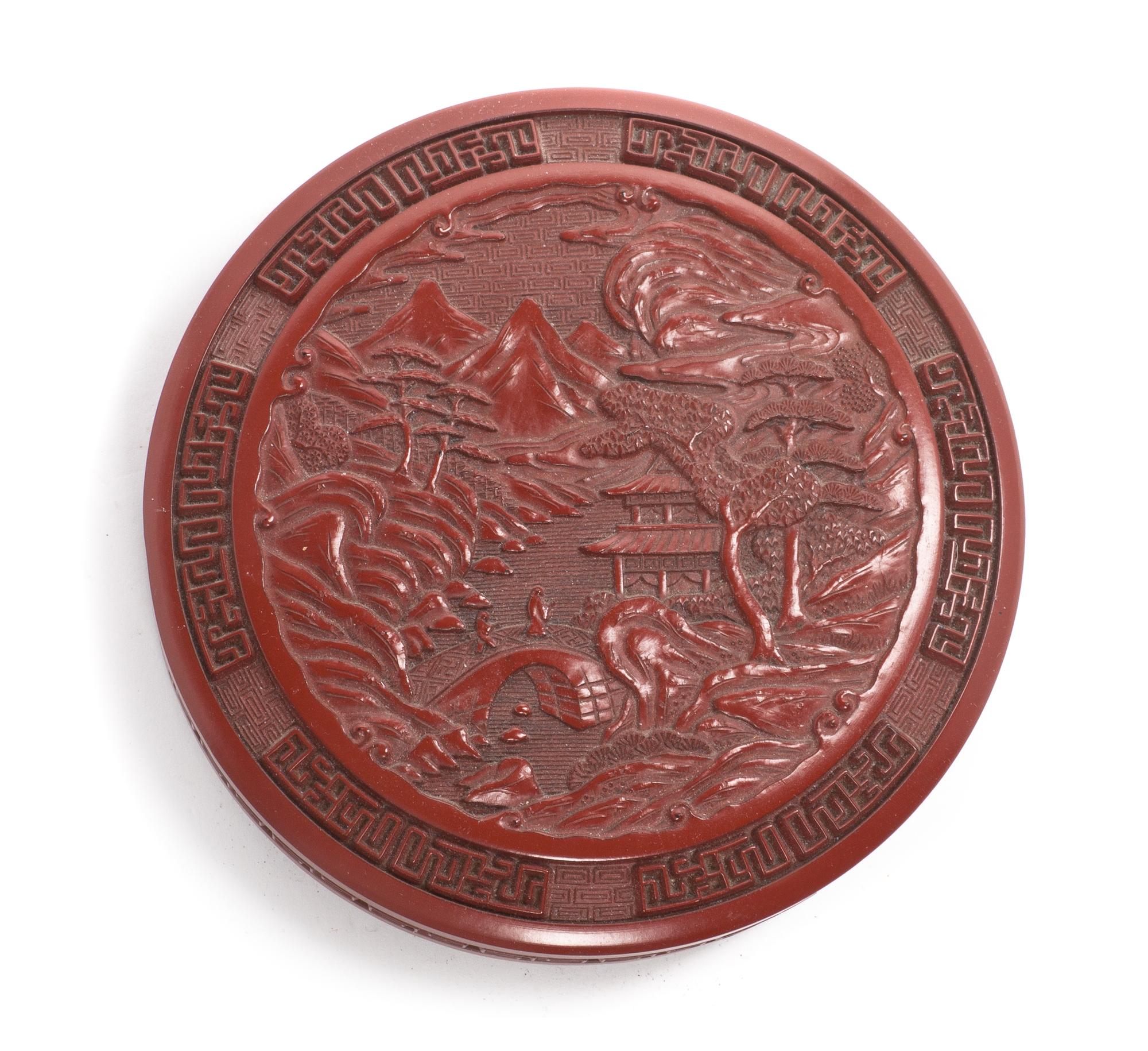 A Chinese Cinnabar Lacquered Box and Cover Diameter 5 3/4 inches.