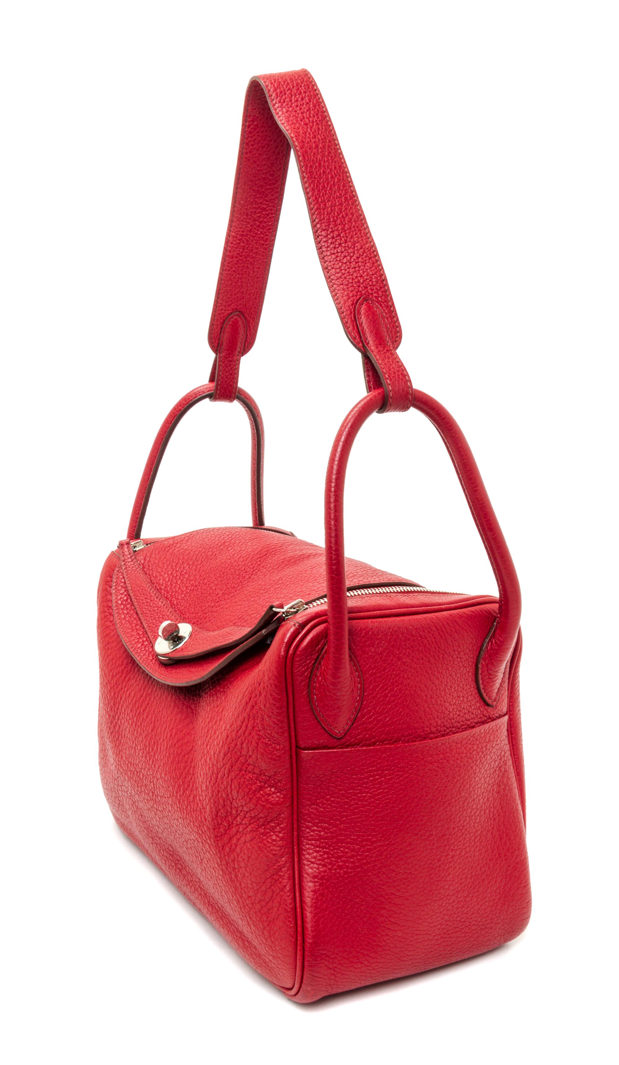 An Hermes Rouge Garance Taurillon Clemence Lindy 30 Handbag, 12" x 7.5" x 6.5".