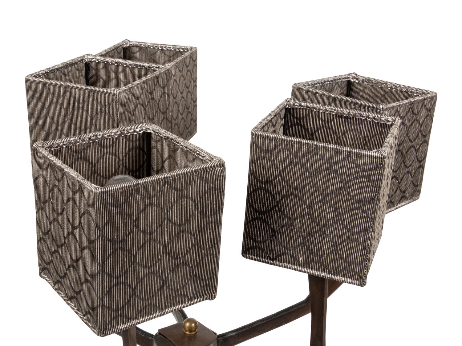 A Brutalist Style Bronze Floor Lamp with Custom Silk Shades